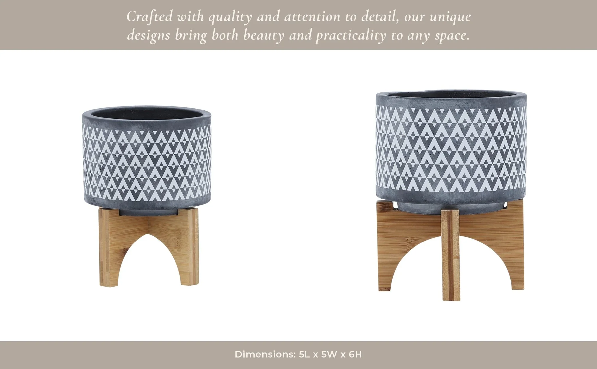 Ceramic 5" Aztec Planter On Wooden Stand, Gray - Image 14
