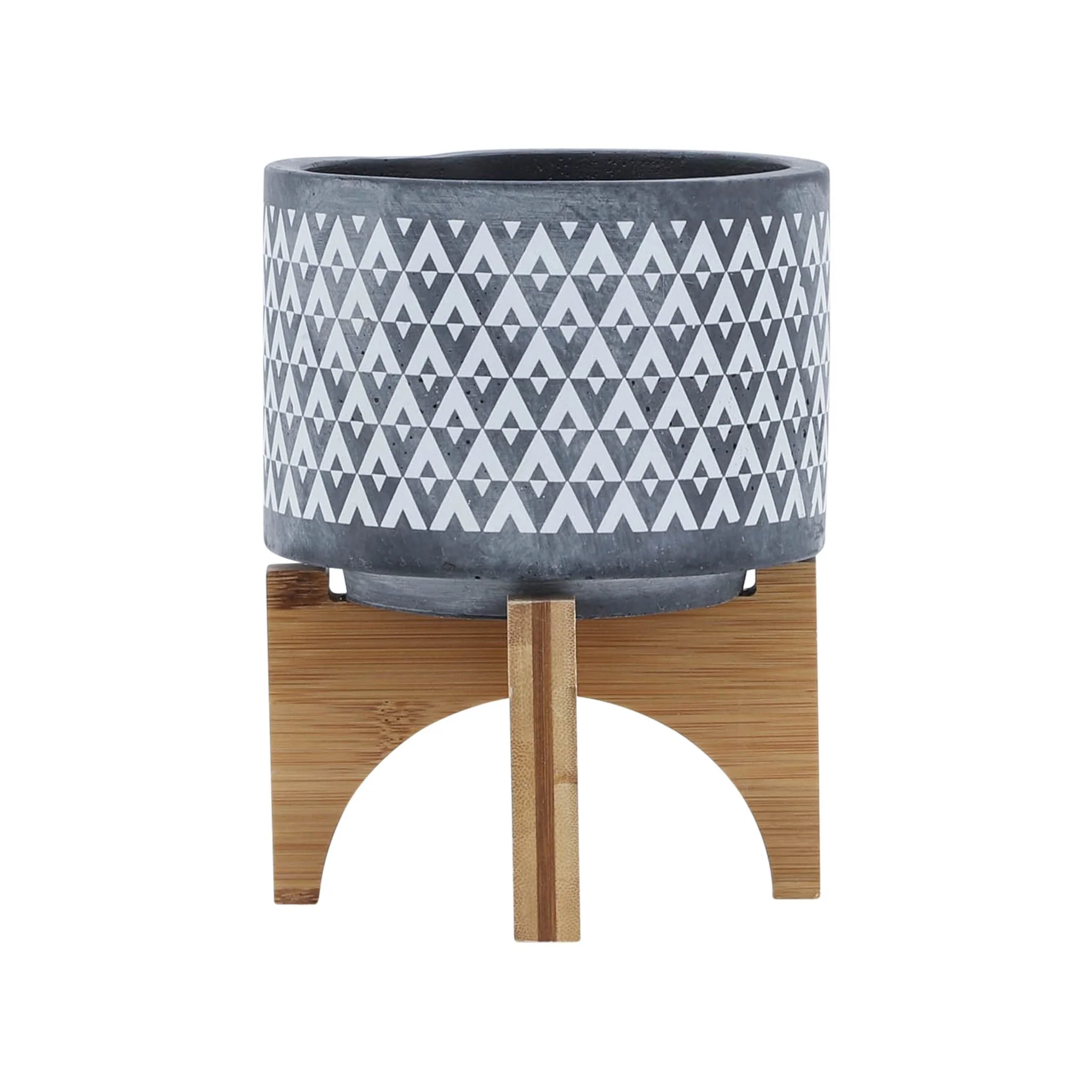 Ceramic 5" Aztec Planter On Wooden Stand, Gray - Image 2