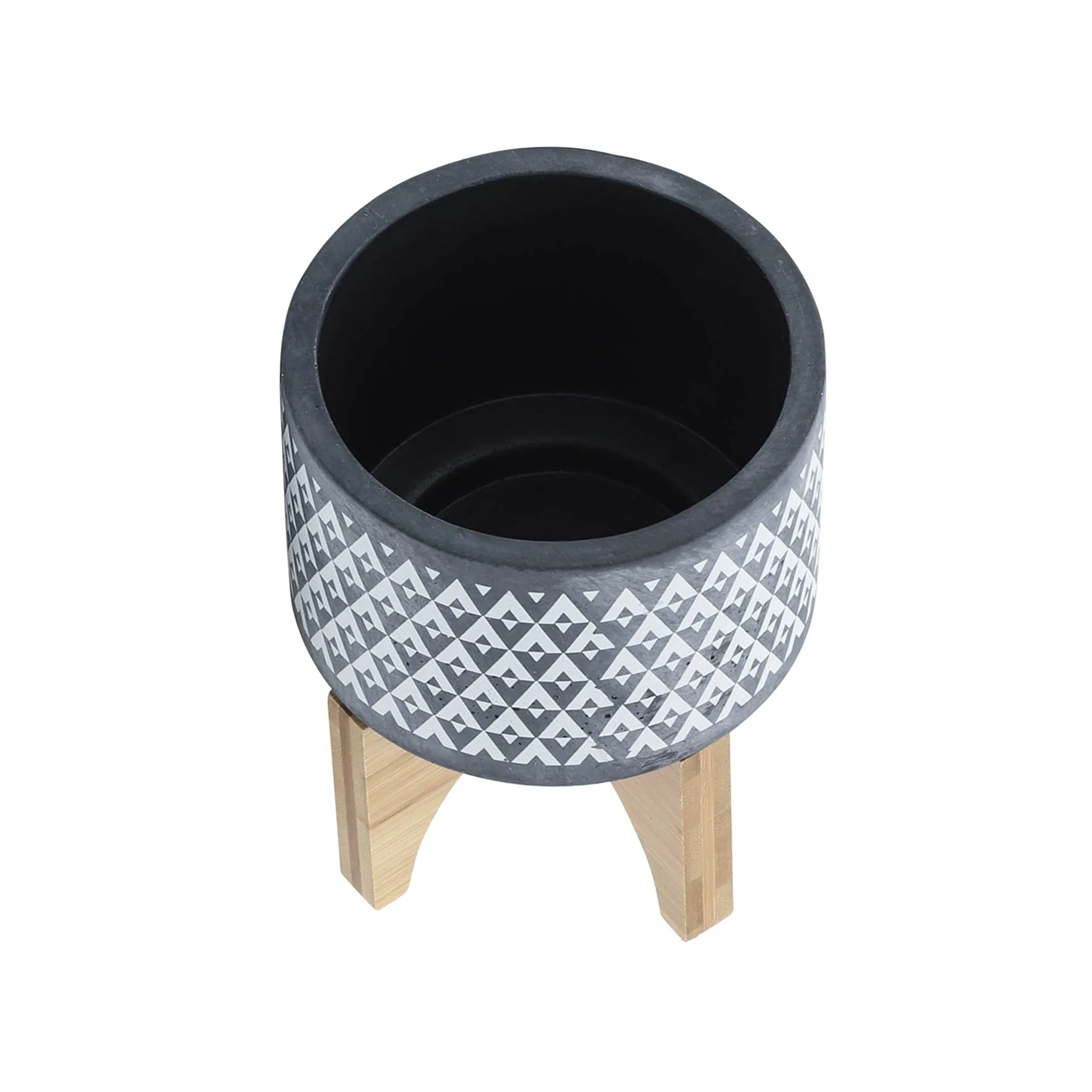 Ceramic 5" Aztec Planter On Wooden Stand, Gray - Image 4