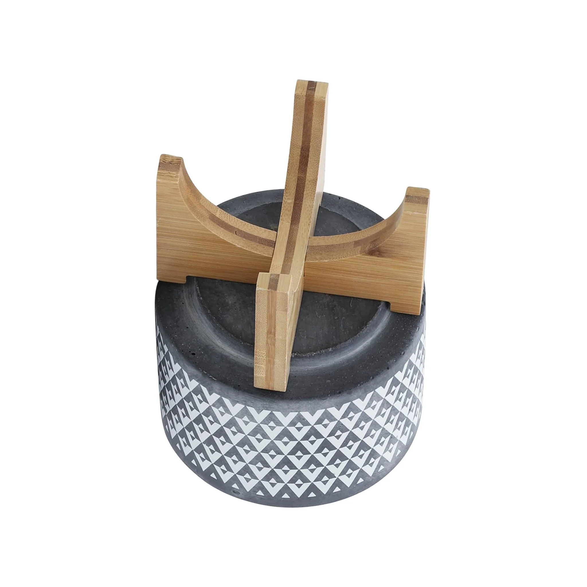Ceramic 5" Aztec Planter On Wooden Stand, Gray - Image 5