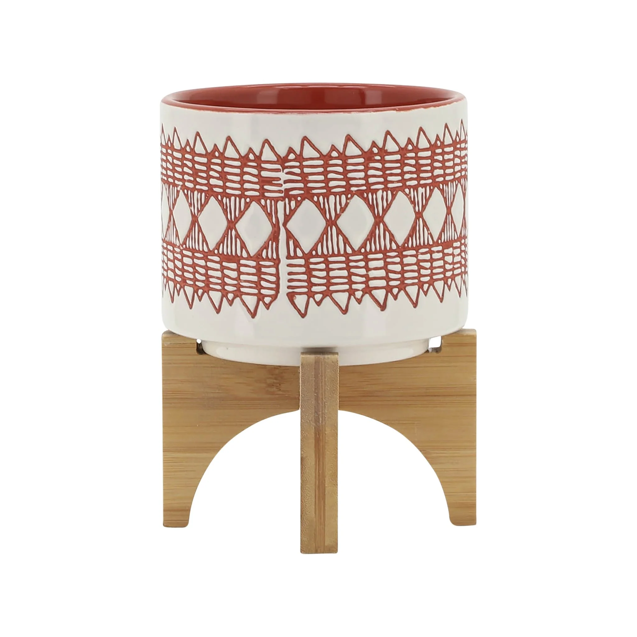 Ceramic 5" Aztec Planter On Wooden Stand, Orange - Image 2