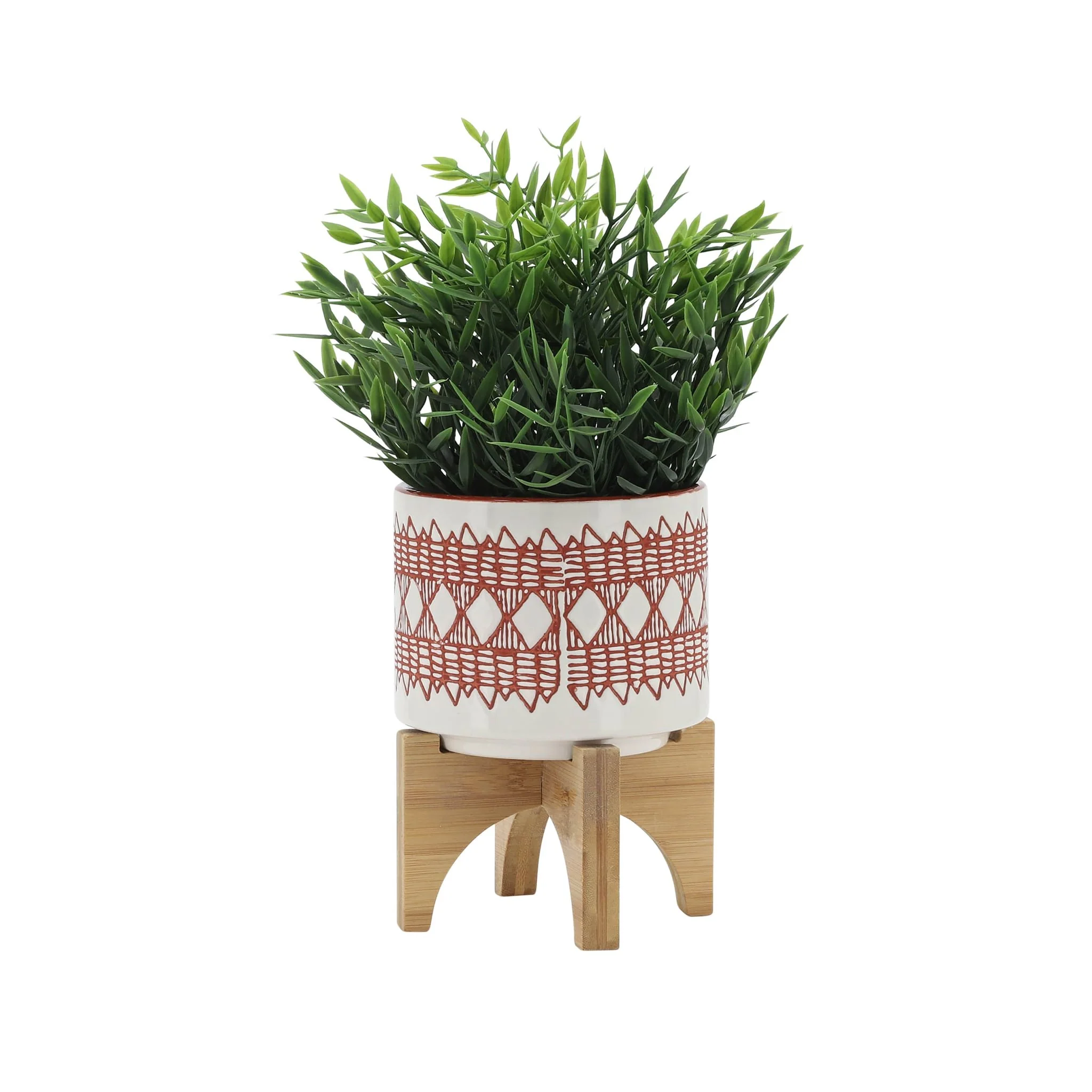 Ceramic 5" Aztec Planter On Wooden Stand, Orange - Image 3