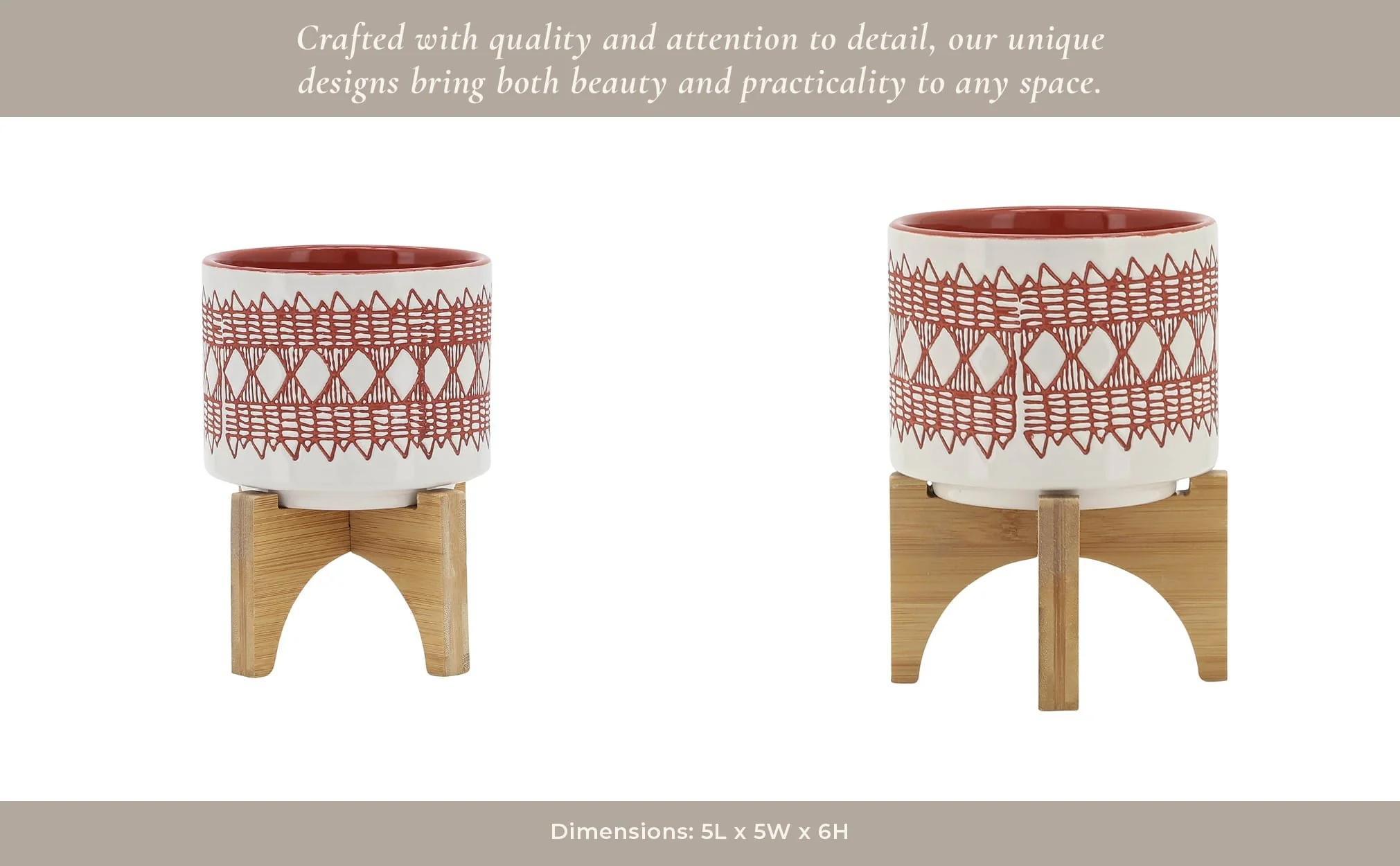 Ceramic 5" Aztec Planter On Wooden Stand, Orange - Image 9