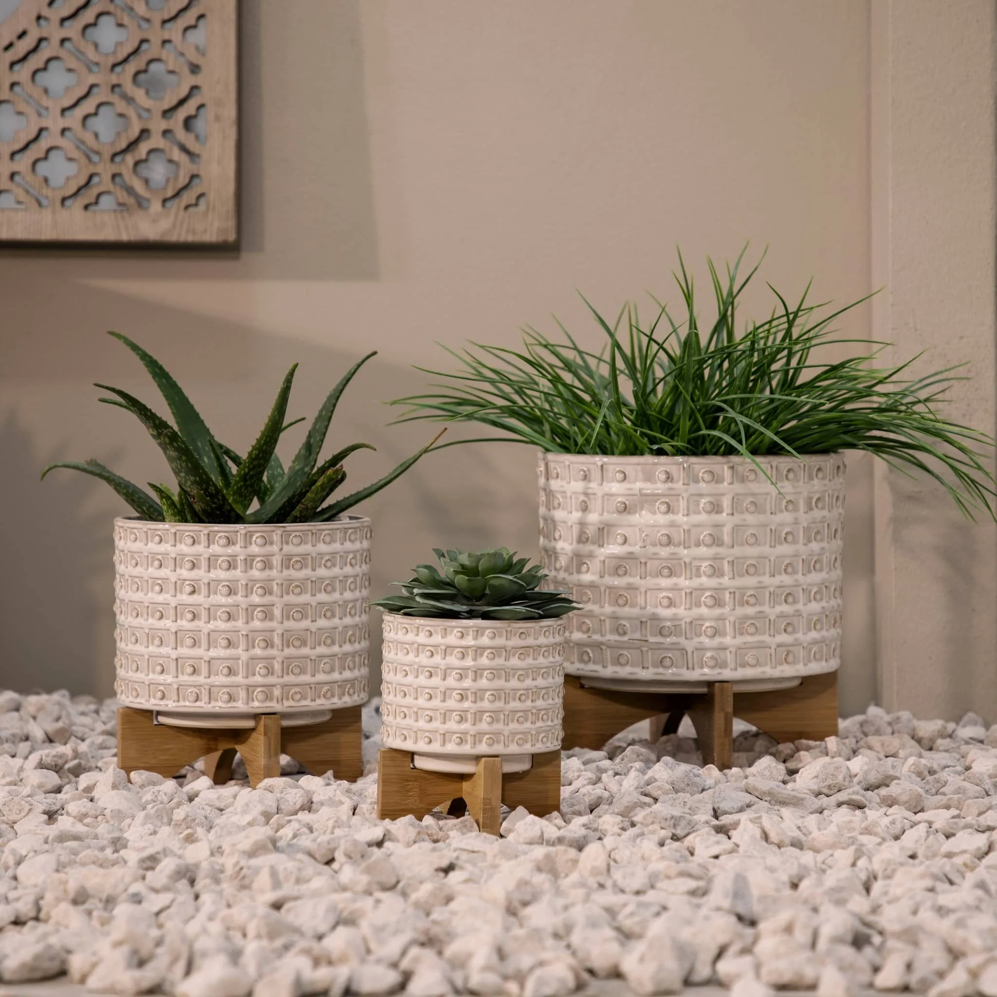 Ceramic 5" Dotted Planter W/wood Stand, Ivory - Image 10