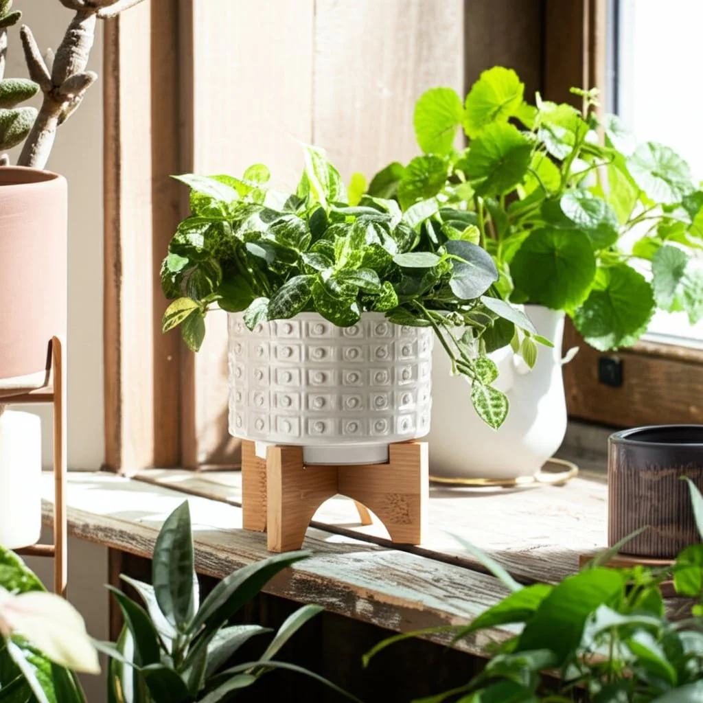 Ceramic 5" Dotted Planter W/wood Stand, Ivory - Image 12