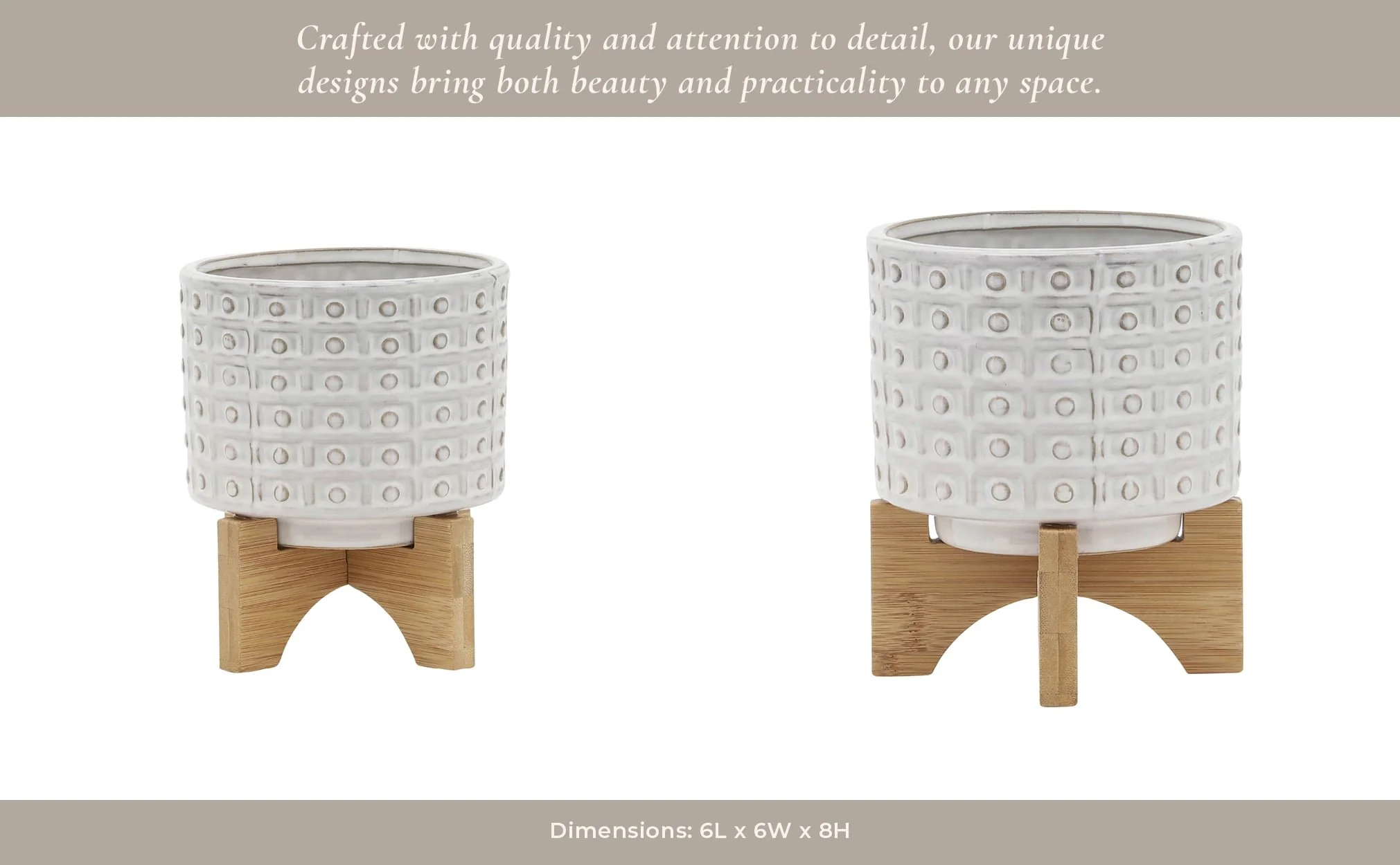 Ceramic 5" Dotted Planter W/wood Stand, Ivory - Image 14