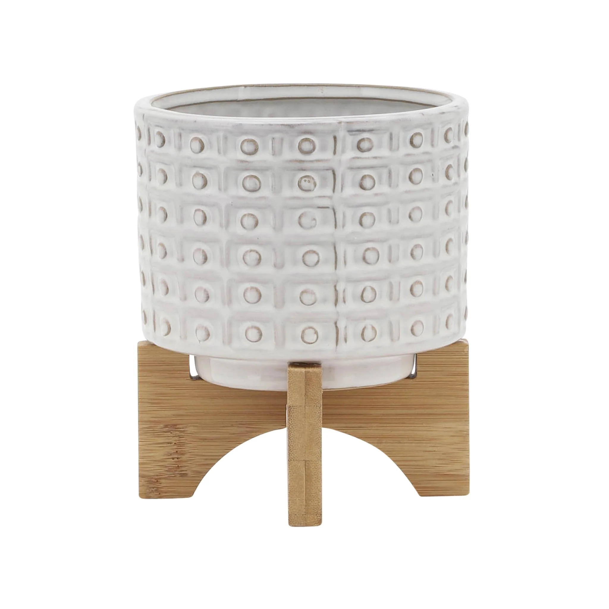 Ceramic 5" Dotted Planter W/wood Stand, Ivory - Image 2