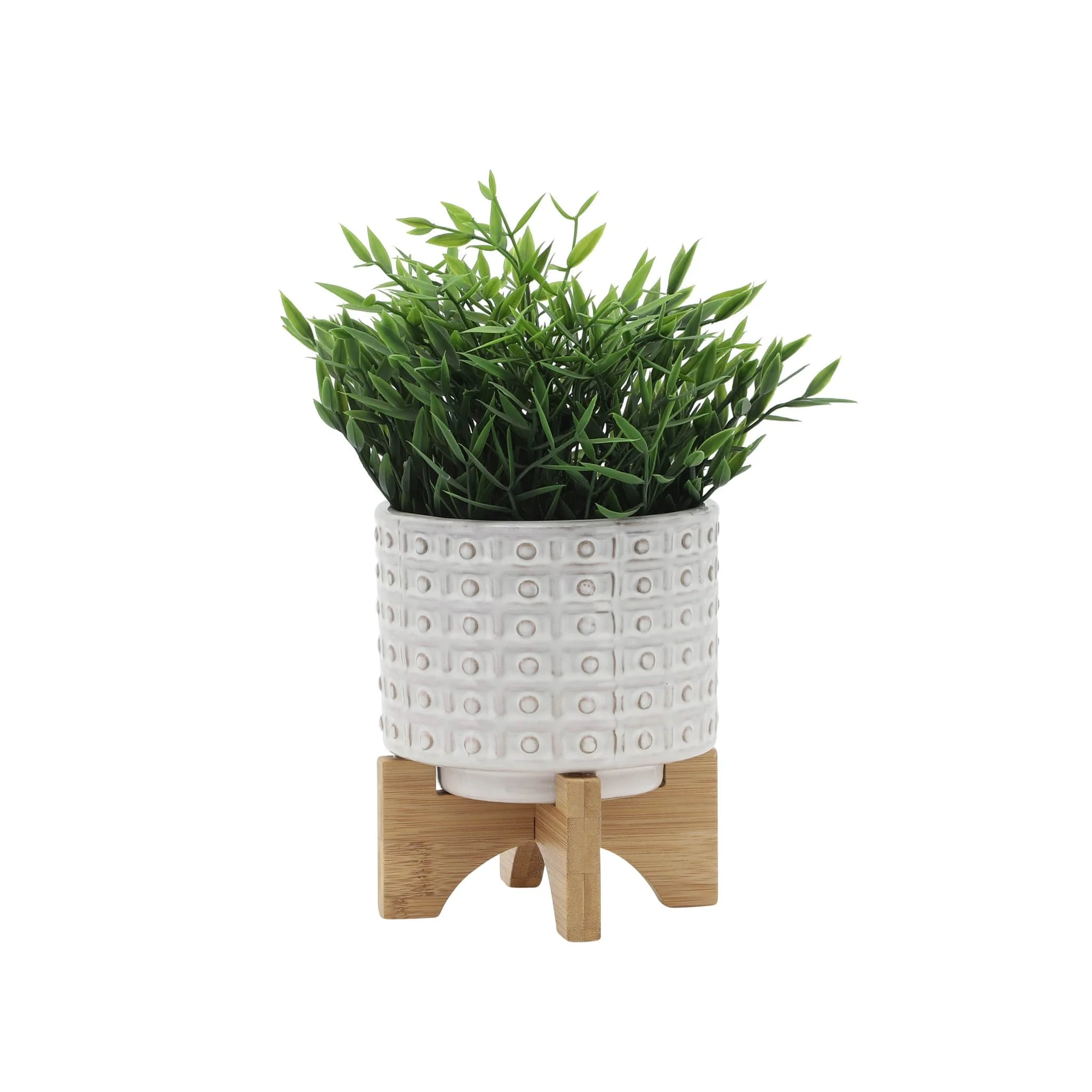 Ceramic 5" Dotted Planter W/wood Stand, Ivory - Image 3