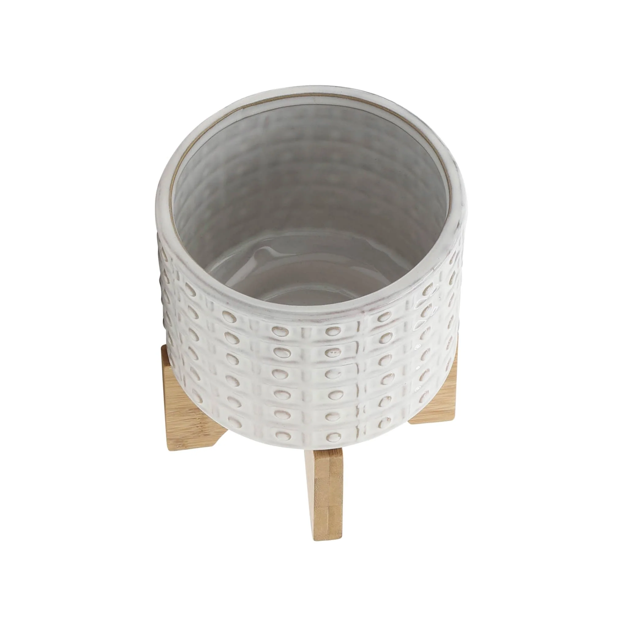 Ceramic 5" Dotted Planter W/wood Stand, Ivory - Image 4