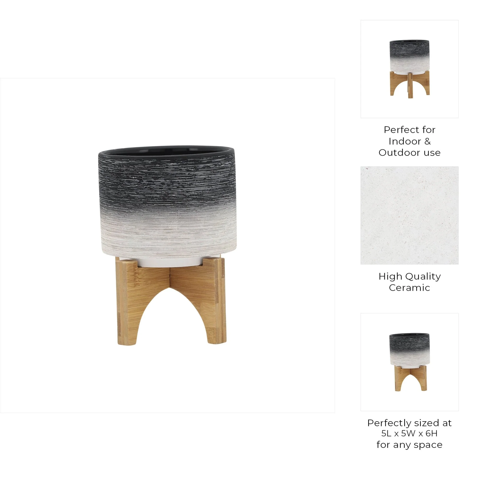 Ceramic 5" Planter On Wooden Stand, Gray - Image 10