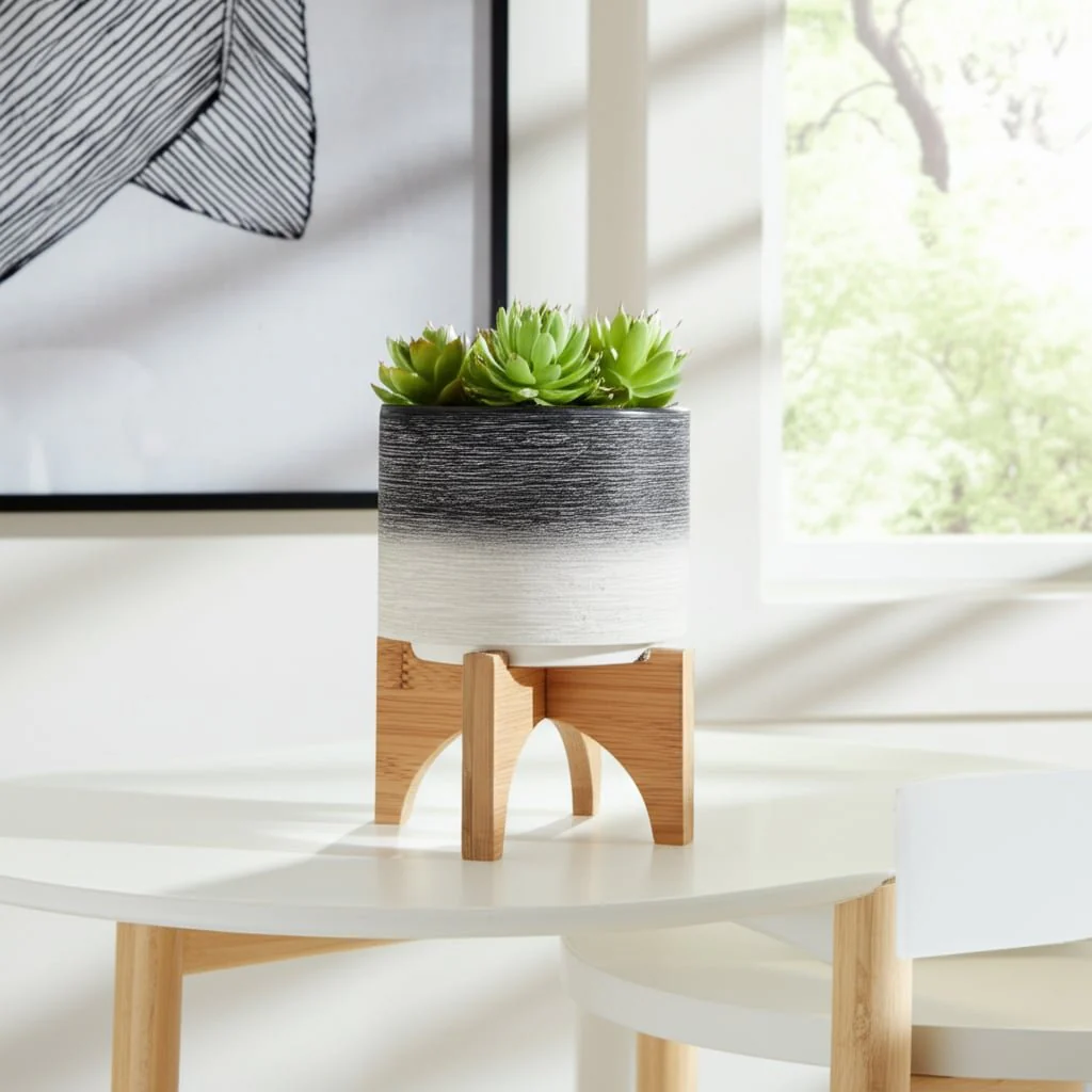 Ceramic 5" Planter On Wooden Stand, Gray - Image 12