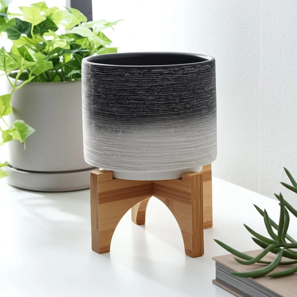 Ceramic 5" Planter On Wooden Stand, Gray - Image 13