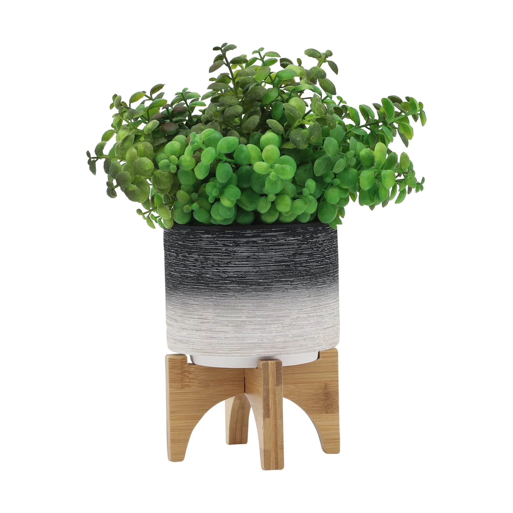 Ceramic 5" Planter On Wooden Stand, Gray - Image 3