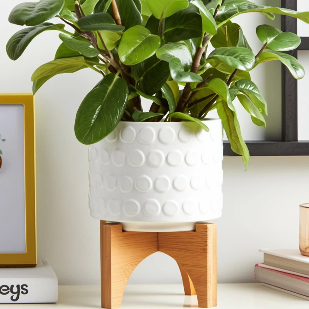 Ceramic 5" Planter On Wooden Stand, White - Image 14