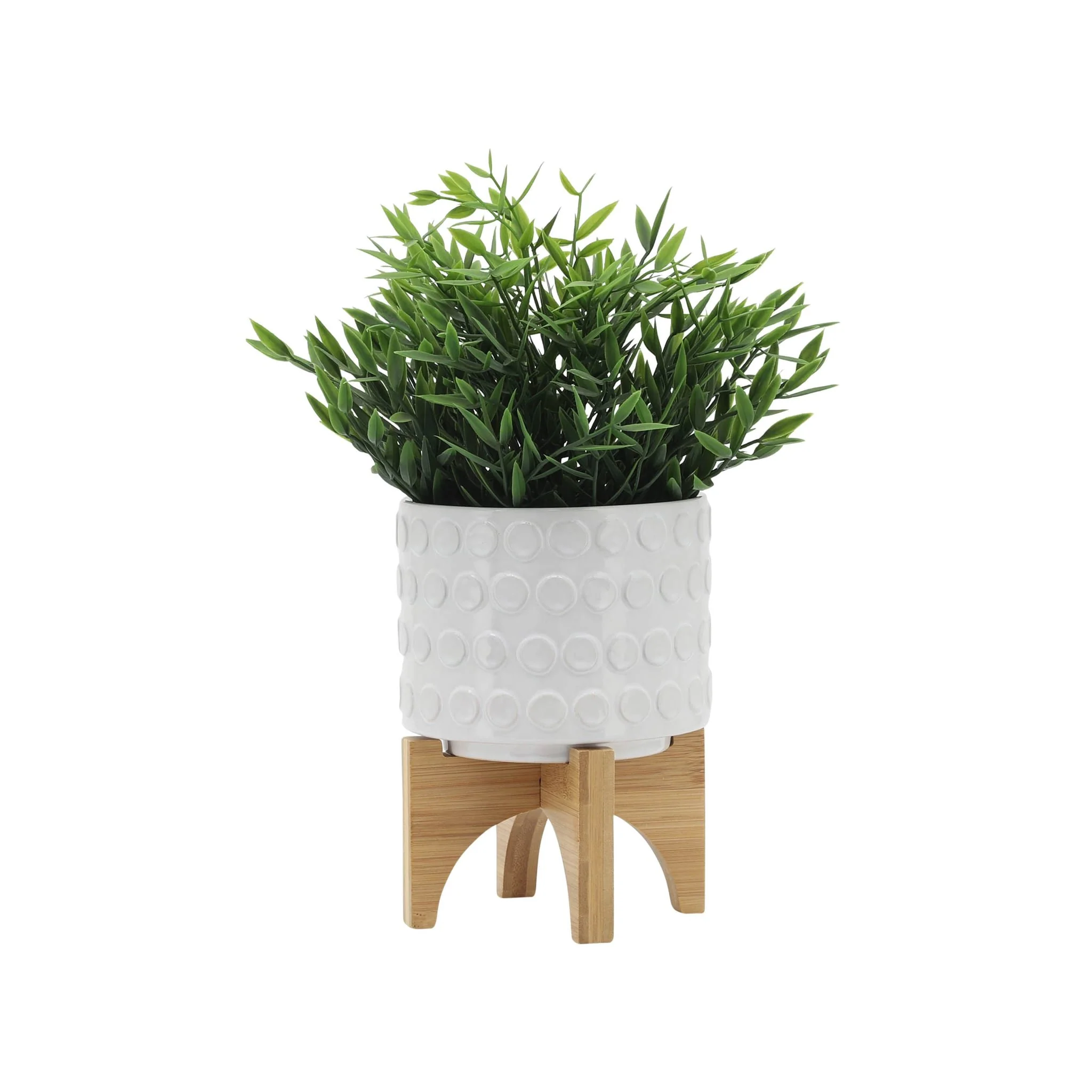 Ceramic 5" Planter On Wooden Stand, White - Image 3