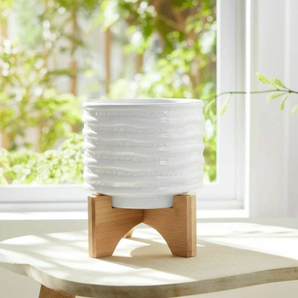 Ceramic 6" Planter On Stand, White Stripe - Image 11