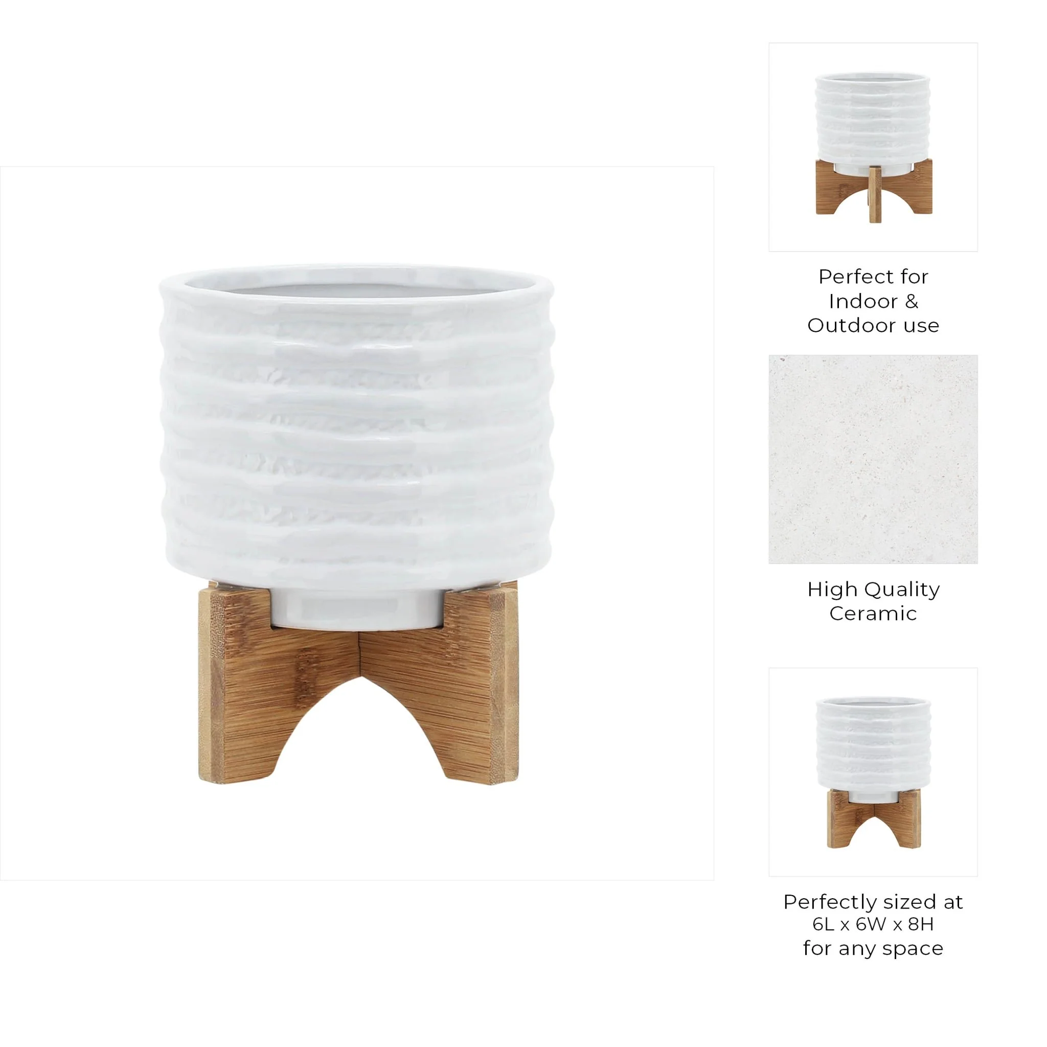 Ceramic 6" Planter On Stand, White Stripe - Image 9