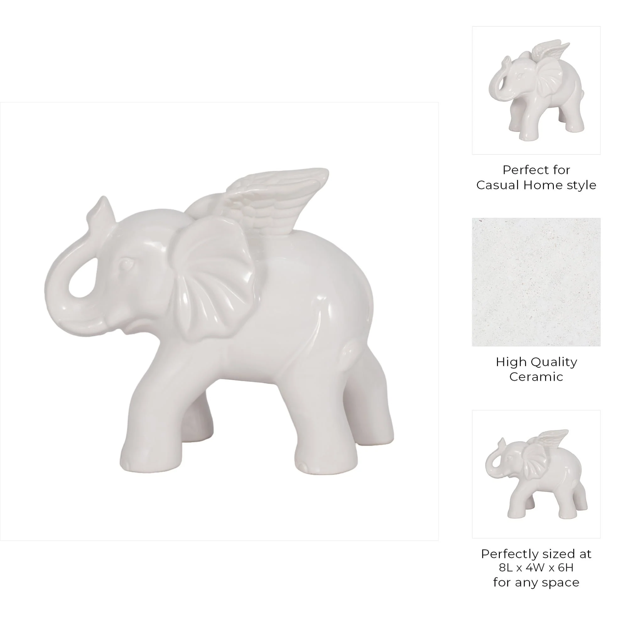 Ceramic 7" Elephant Angel Figurine, White - Image 9