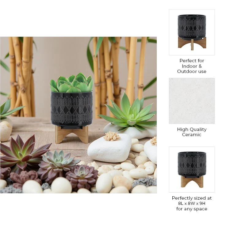 Ceramic 8" Aztec Planter On Wooden Stand, Black - Image 10