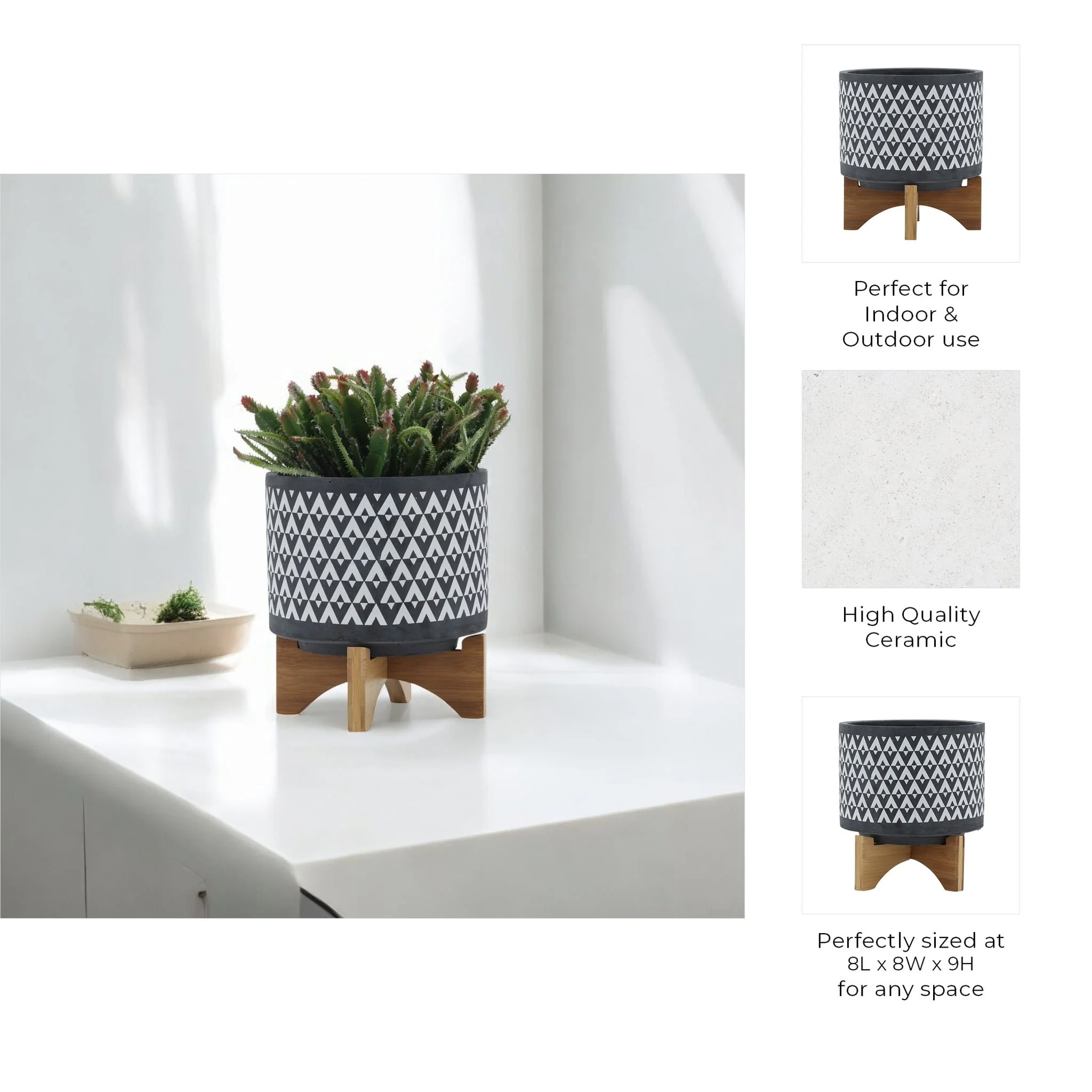 Ceramic 8" Aztec Planter On Wooden Stand, Gray - Image 10