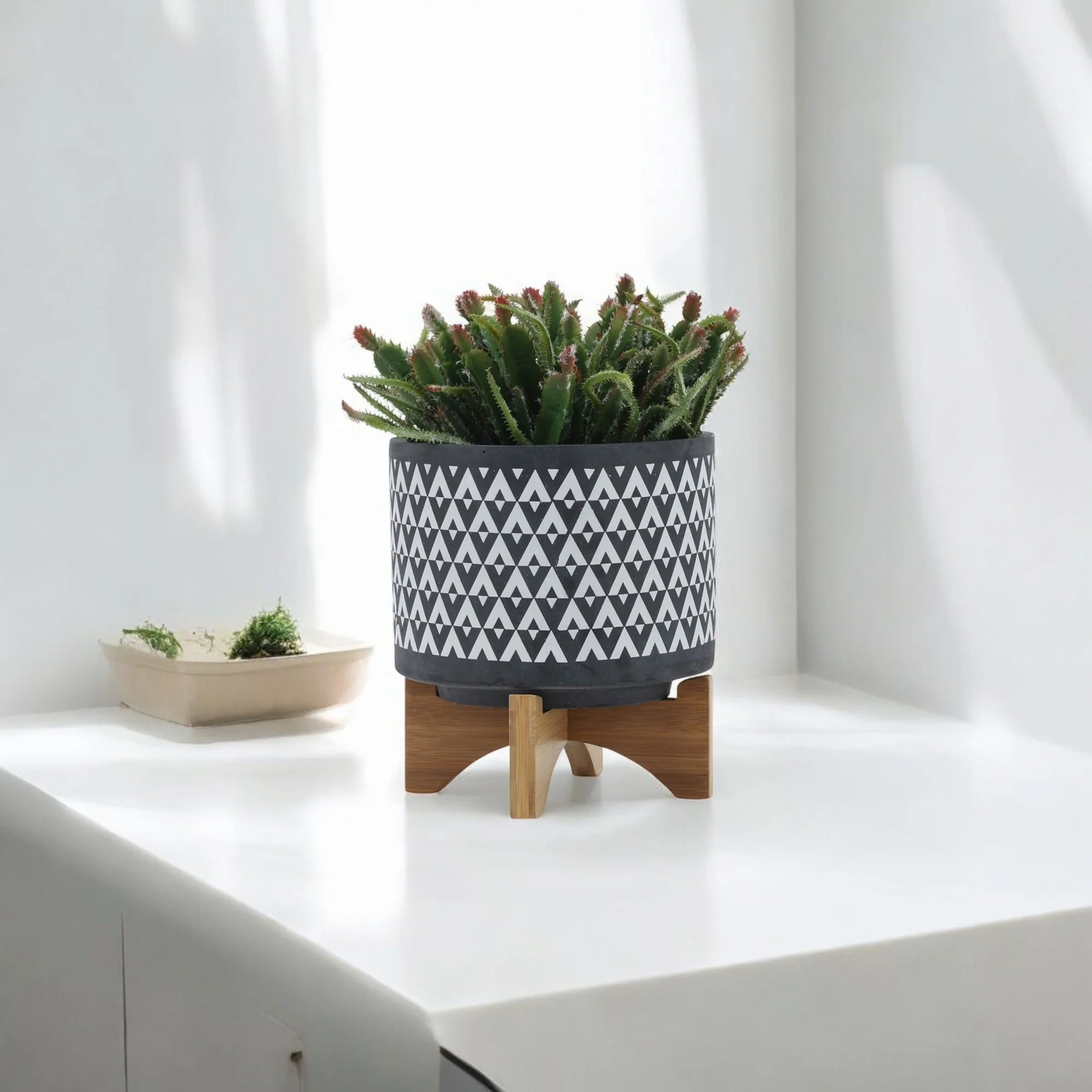 Ceramic 8" Aztec Planter On Wooden Stand, Gray - Image 12