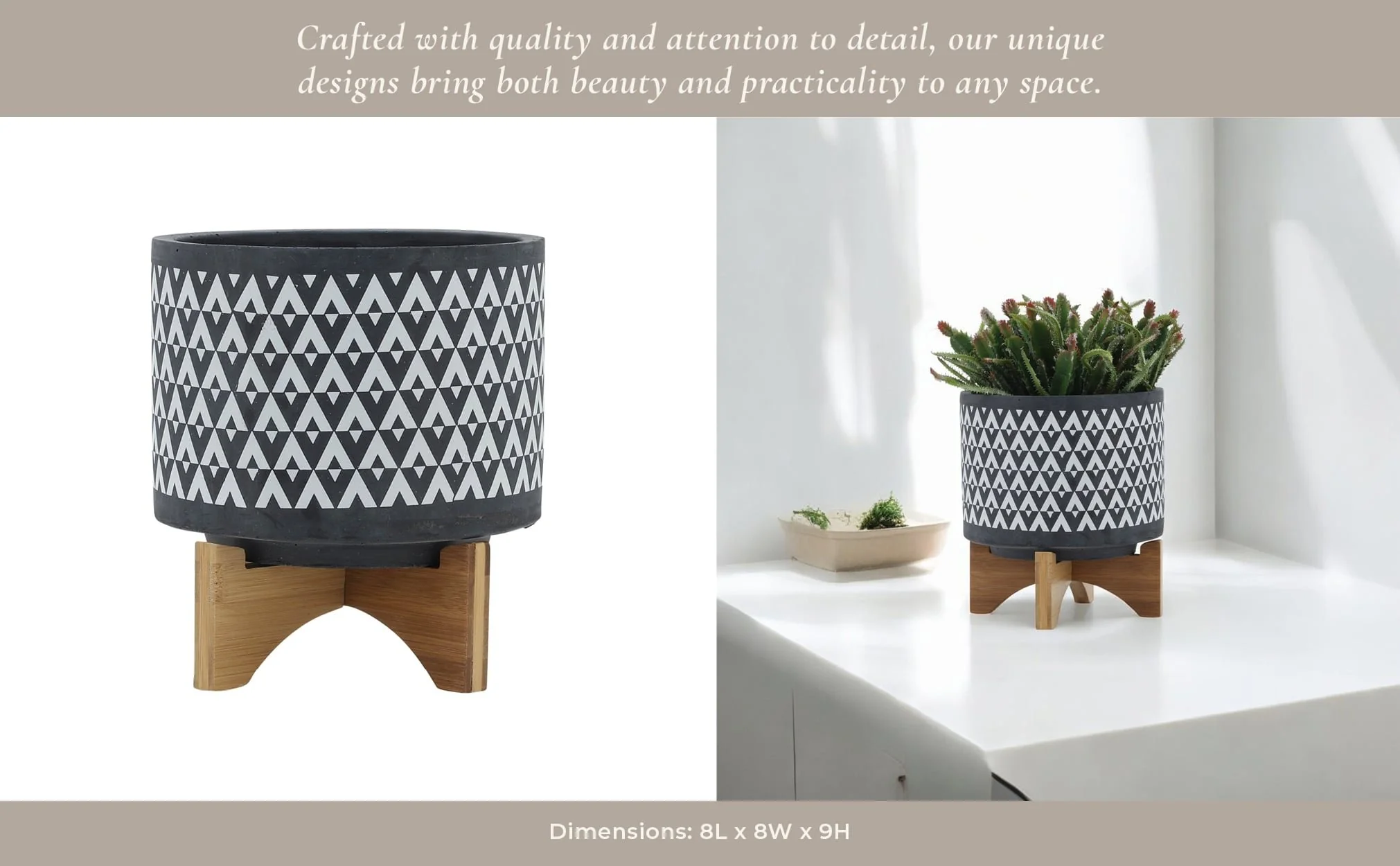 Ceramic 8" Aztec Planter On Wooden Stand, Gray - Image 13