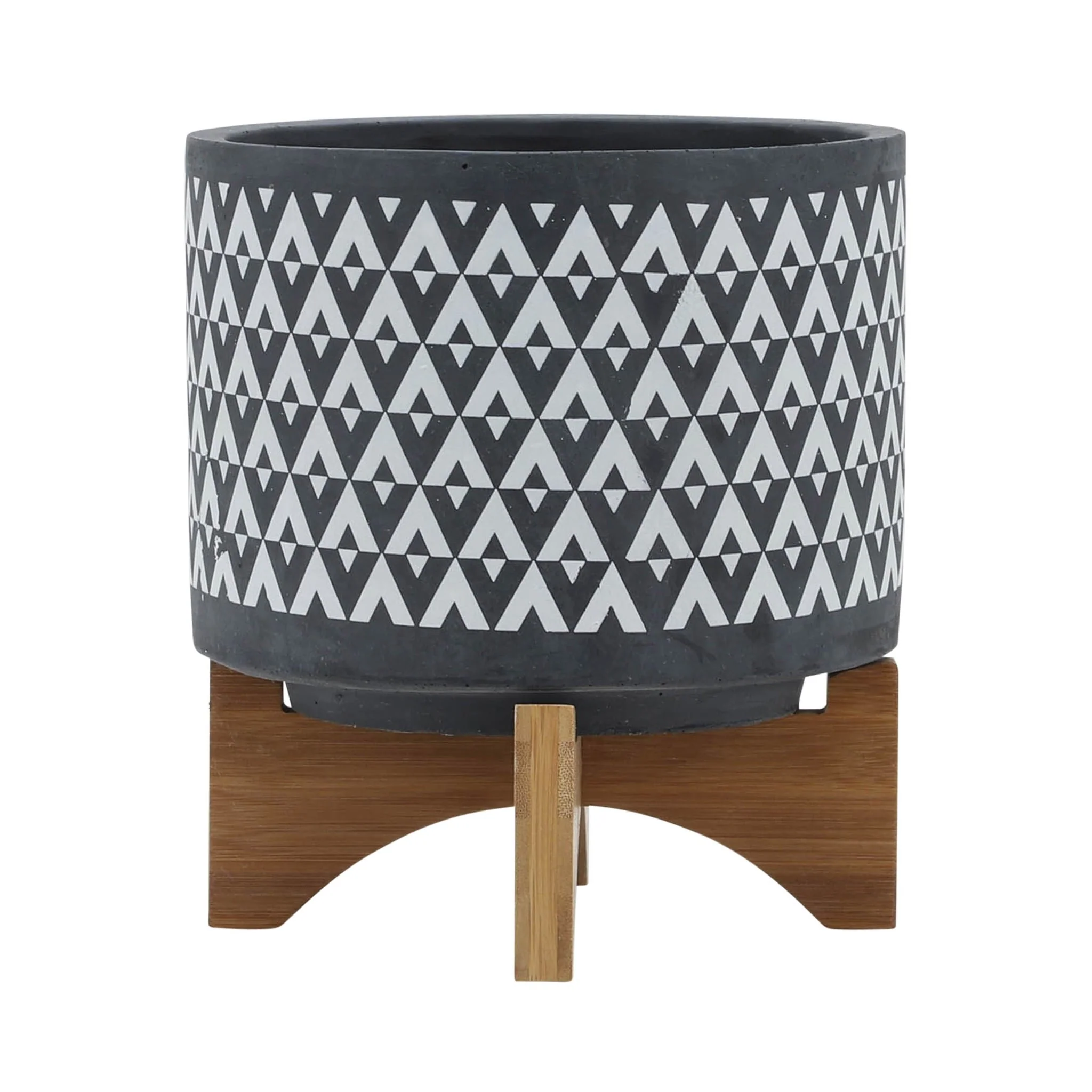 Ceramic 8" Aztec Planter On Wooden Stand, Gray - Image 2