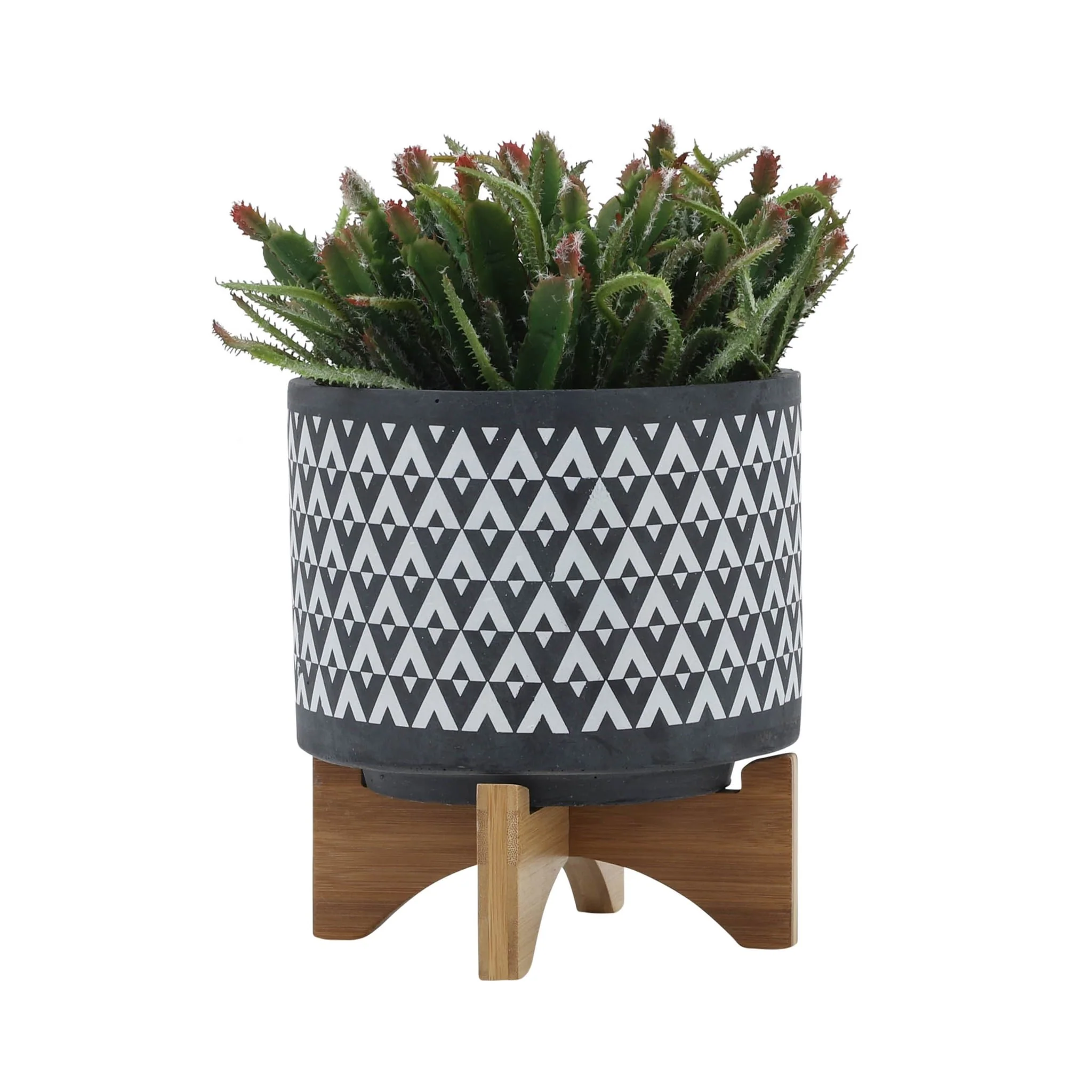 Ceramic 8" Aztec Planter On Wooden Stand, Gray - Image 3