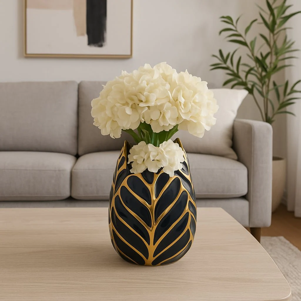 Ceramic 8" Leaf Vase, Drk Navy/gold - Image 10
