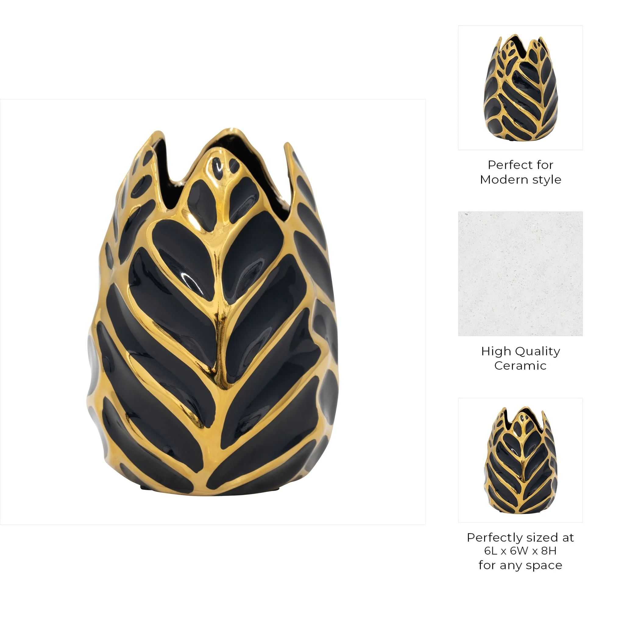 Ceramic 8" Leaf Vase, Drk Navy/gold - Image 8