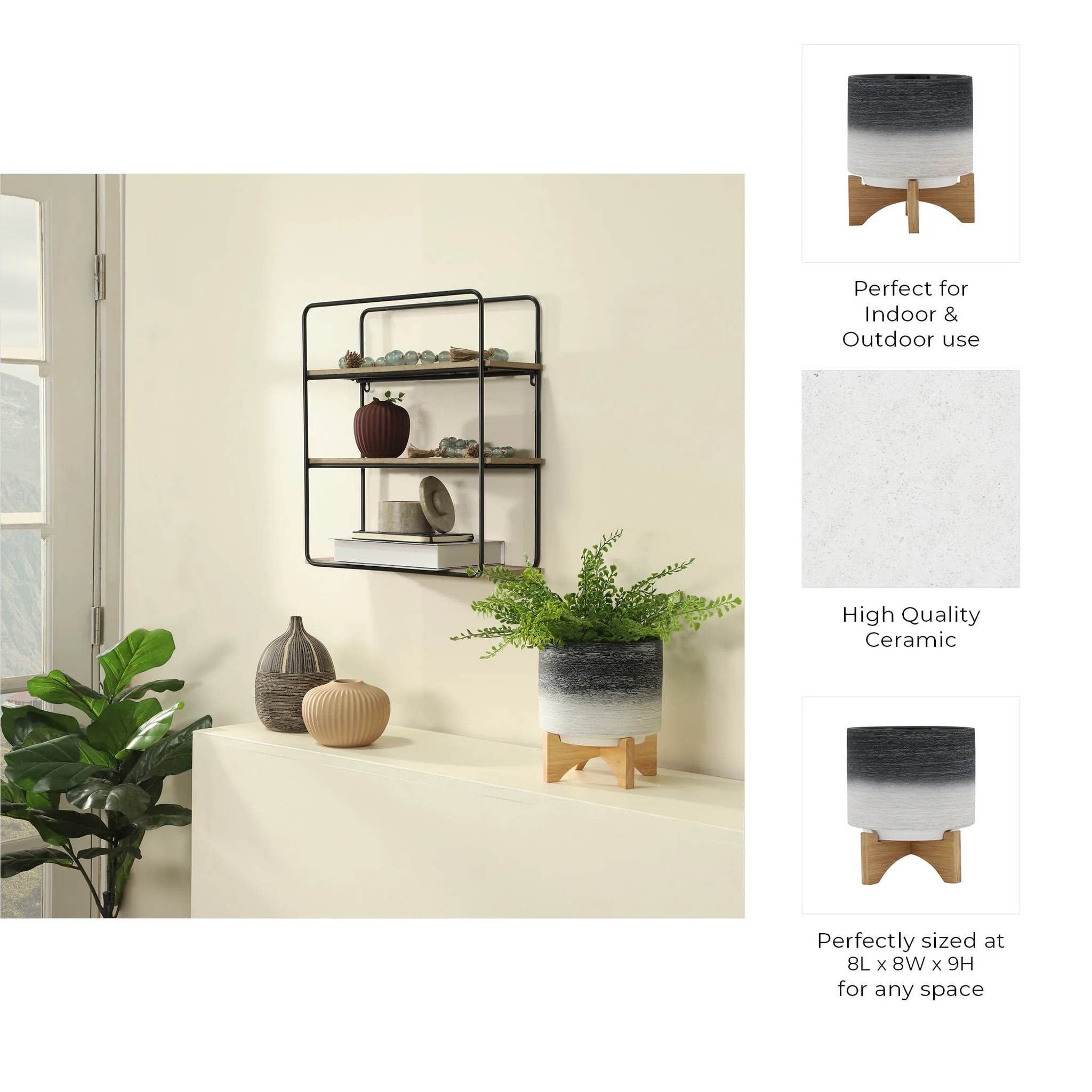 Ceramic 8" Planter On Wooden Stand, Gray - Image 10
