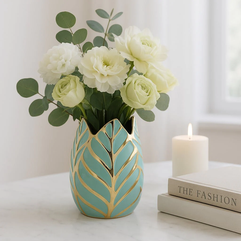 Ceramic 8"h Leaf Vase, Green - Image 2