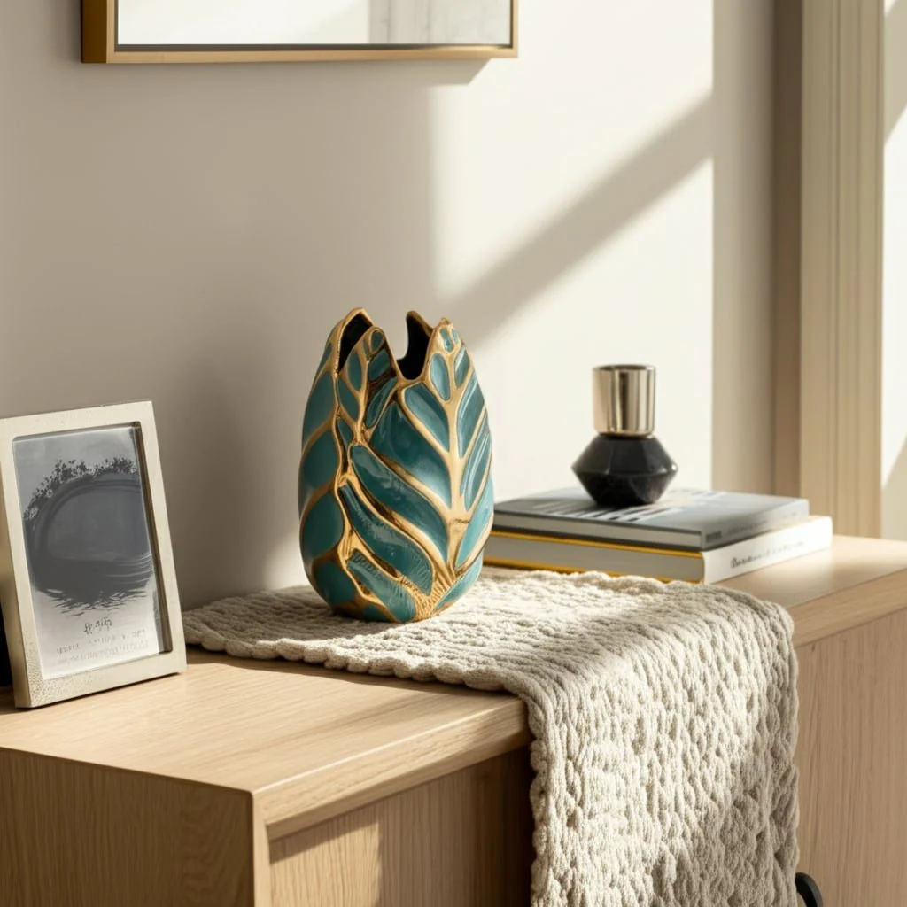 Ceramic 8"h Leaf Vase, Turquoise/gold - Image 12