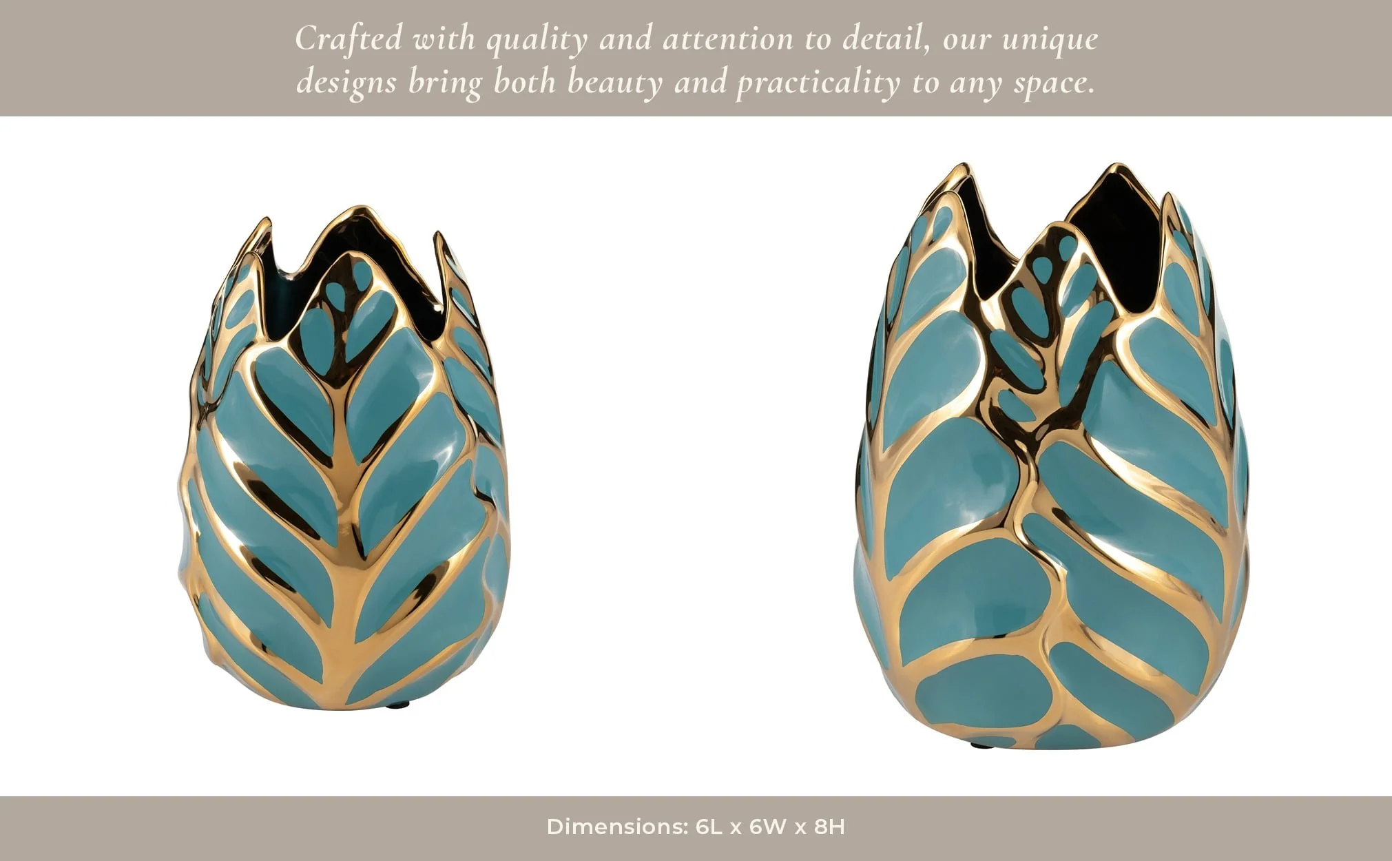 Ceramic 8"h Leaf Vase, Turquoise/gold - Image 14