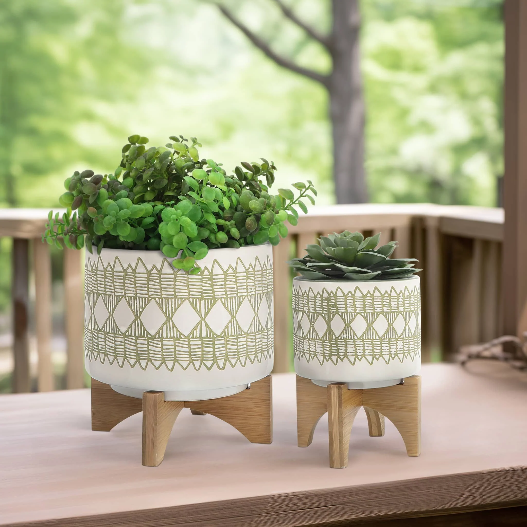 Ceramic S/2 5/8" Aztec Planter On Wooden Stand, Ol - Image 6