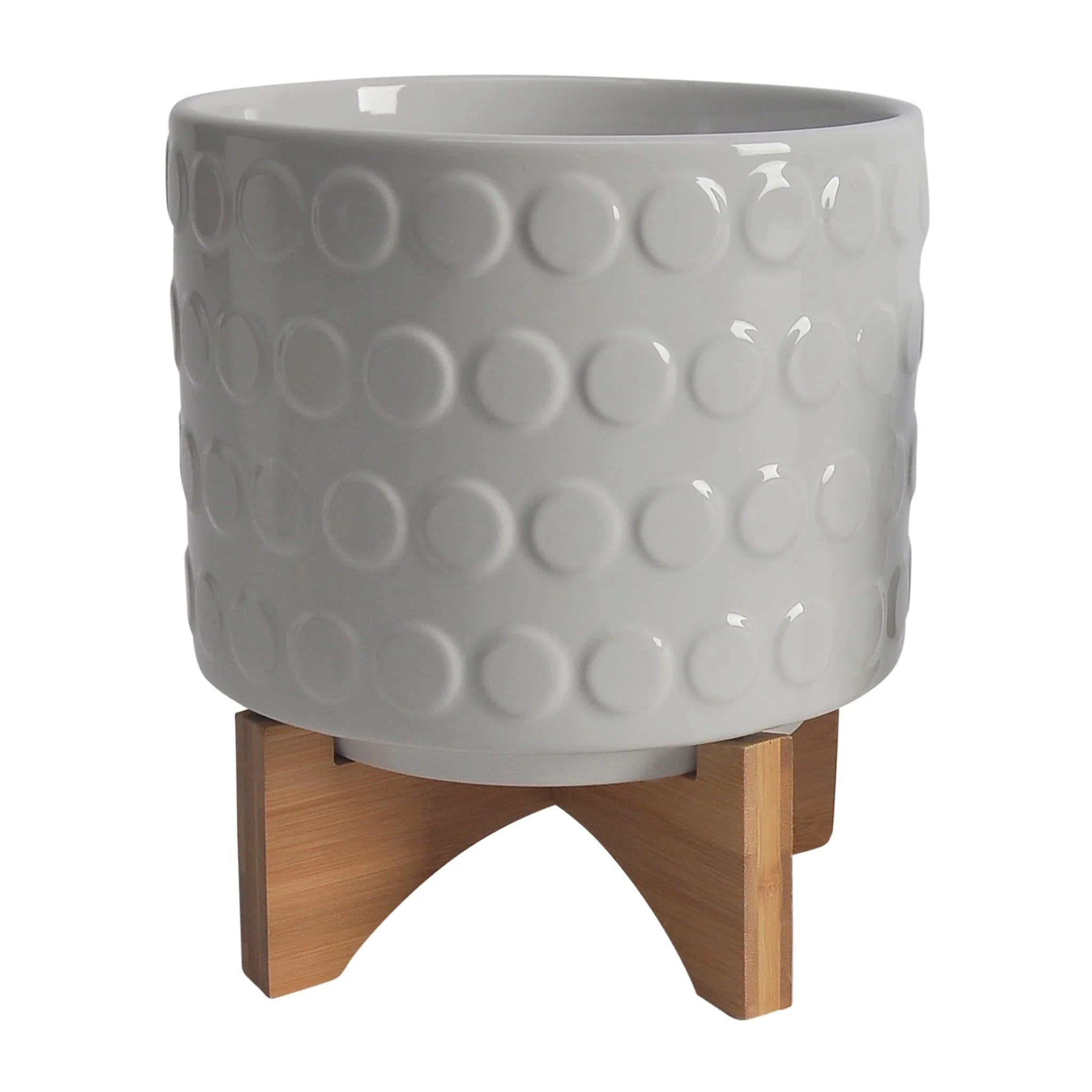 Ceramic S/2 5/8" Planter On Wooden Stand, White - Image 2