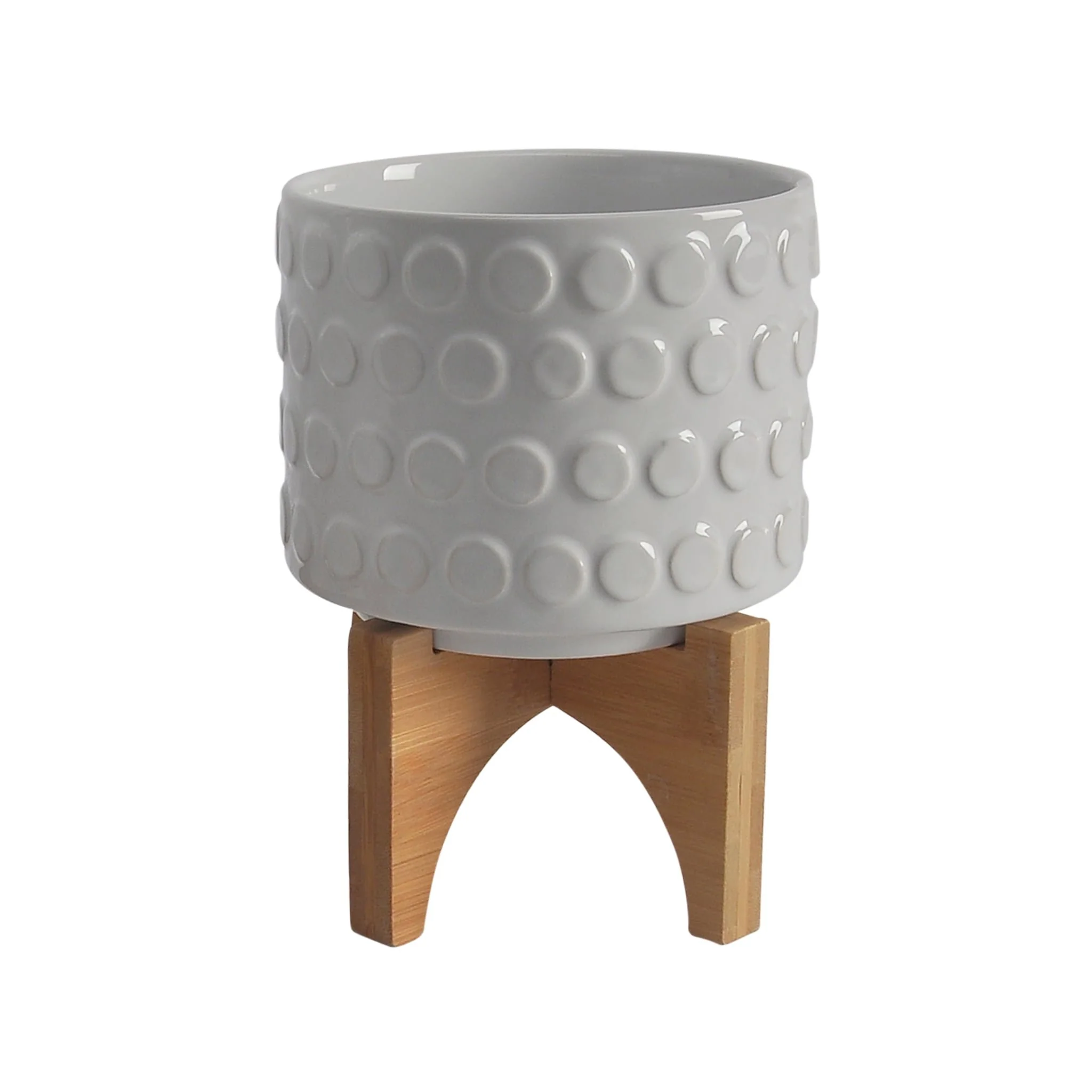Ceramic S/2 5/8" Planter On Wooden Stand, White - Image 3