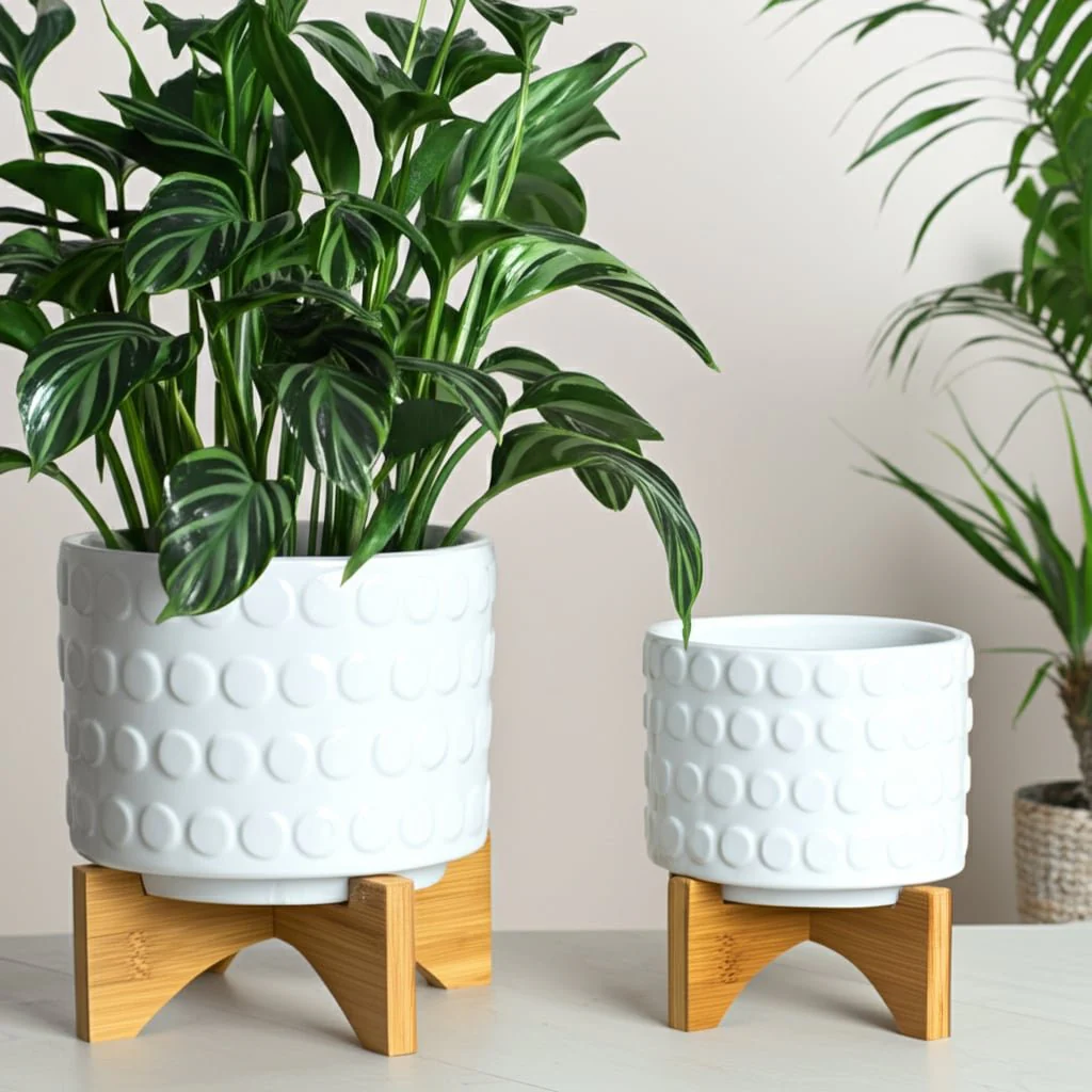 Ceramic S/2 5/8" Planter On Wooden Stand, White - Image 6