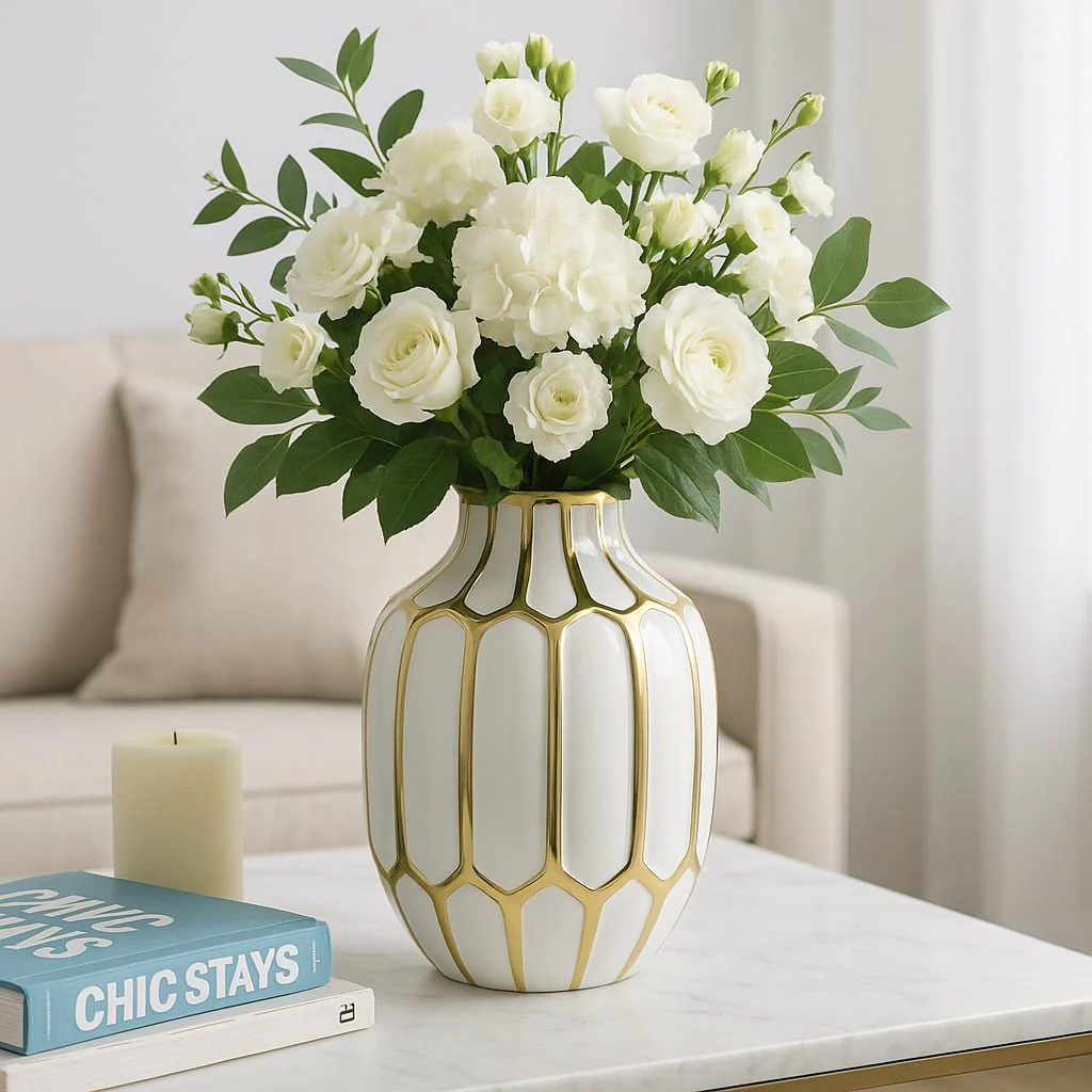 Ceramic Vase 8", White/gold - Image 2