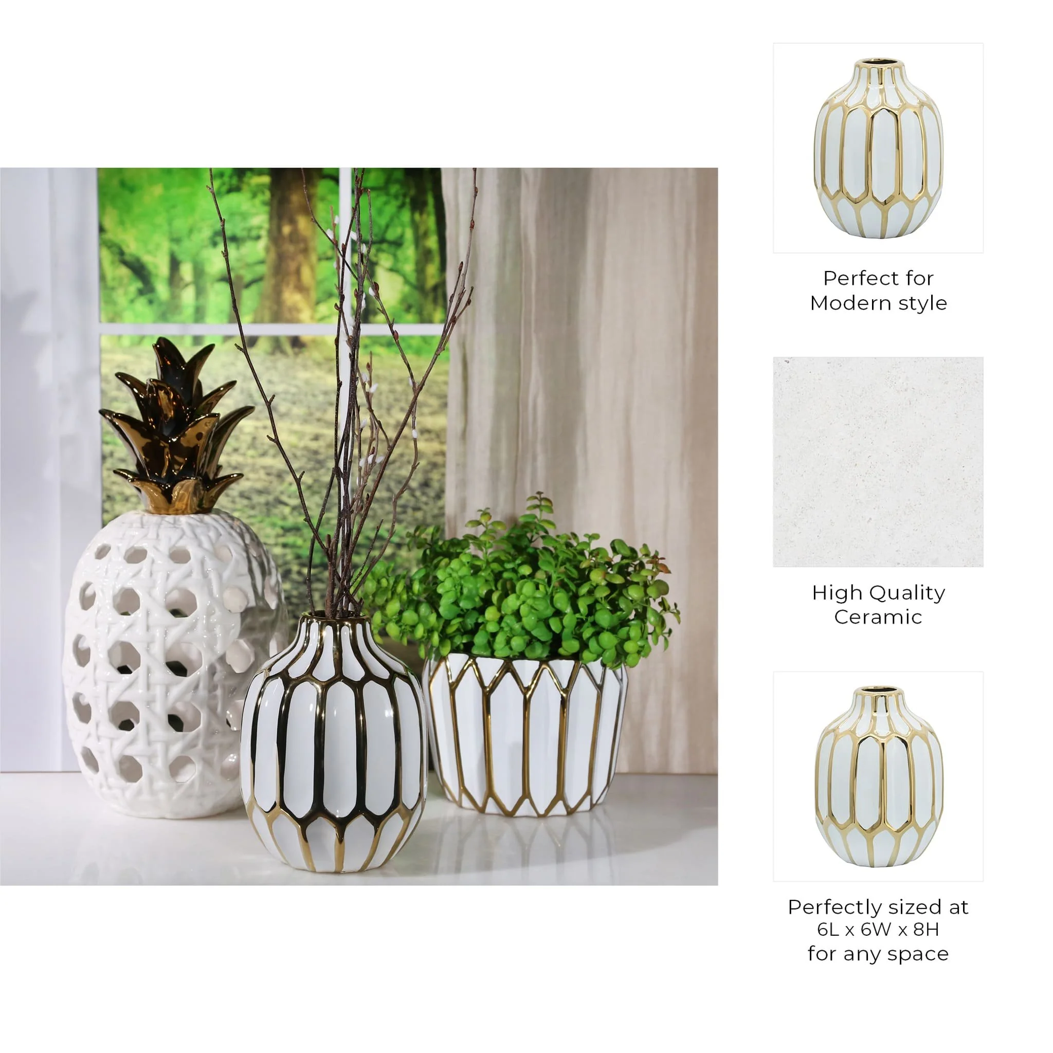 Ceramic Vase 8", White/gold - Image 9