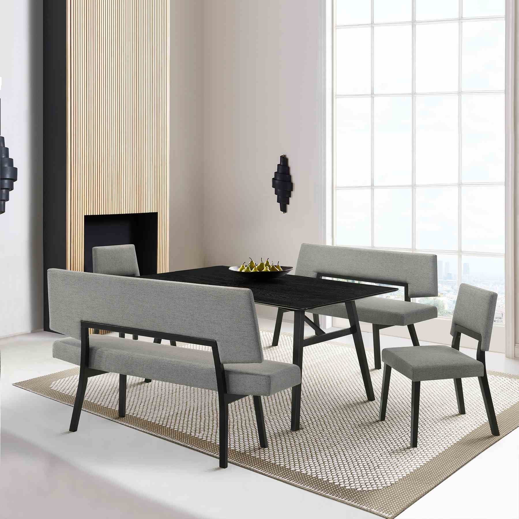 Channell 5 Piece Black Wood Dining Table Set with Benches in Charcoal Fabric - Image 12