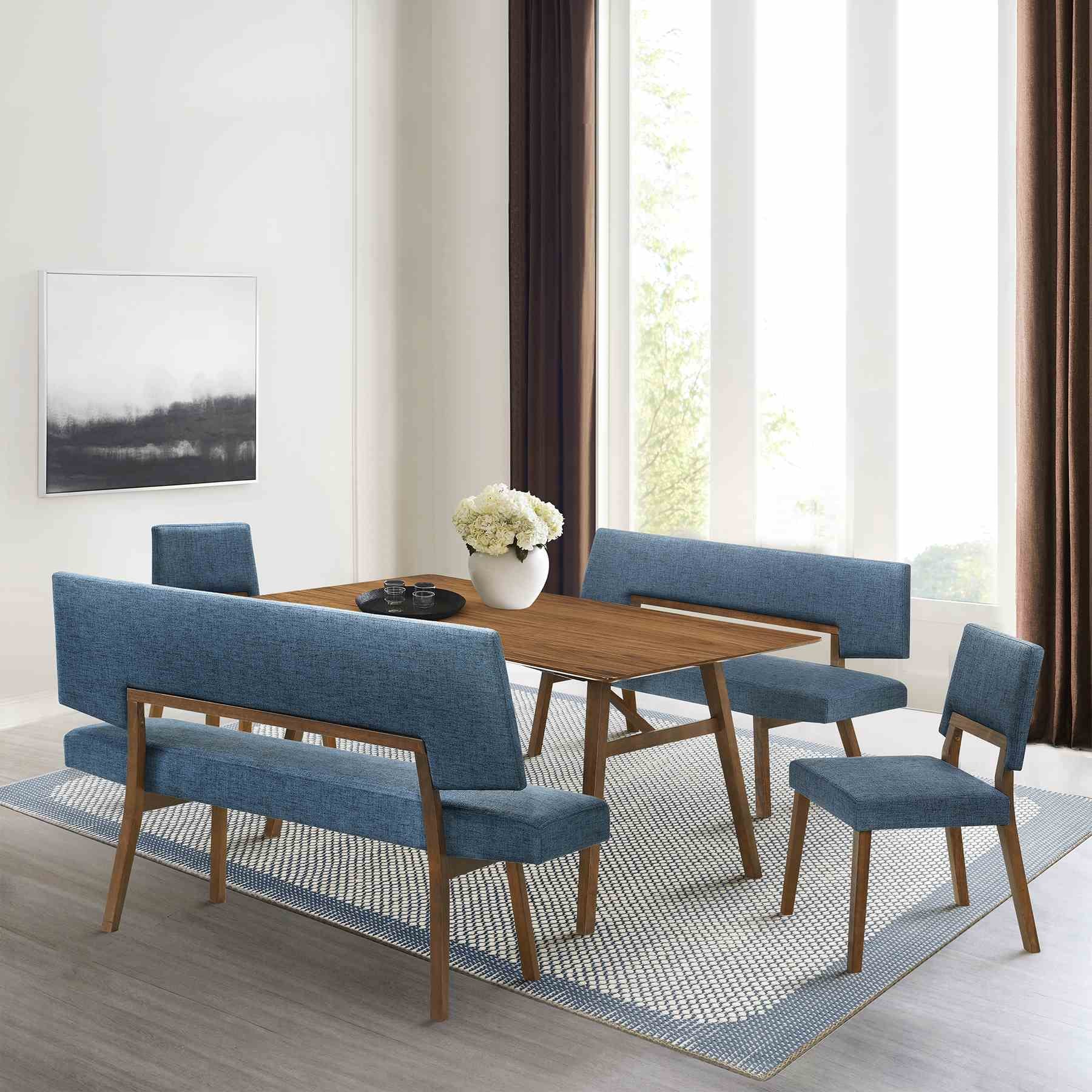 Channell 5 Piece Walnut Wood Dining Table Set with Benches in Blue Fabric - Image 13