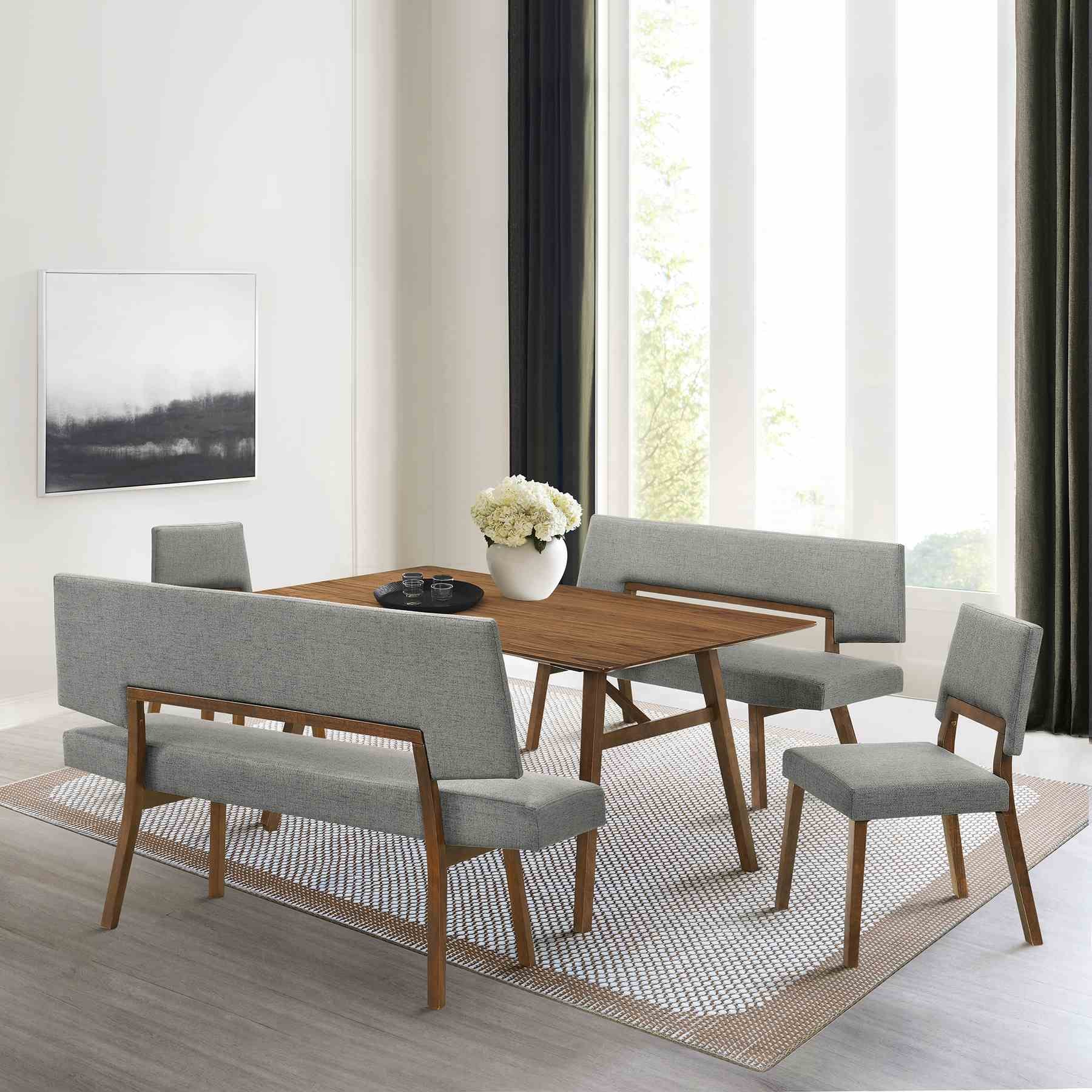 Channell 5 Piece Walnut Wood Dining Table Set with Benches in Charcoal Fabric - Image 12