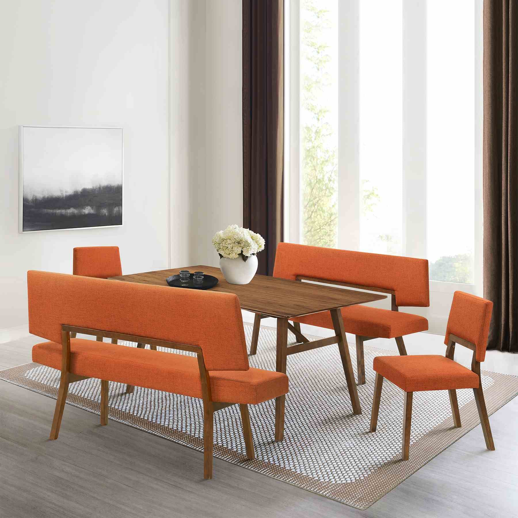 Channell 5 Piece Walnut Wood Dining Table Set with Benches in Orange Fabric - Image 12