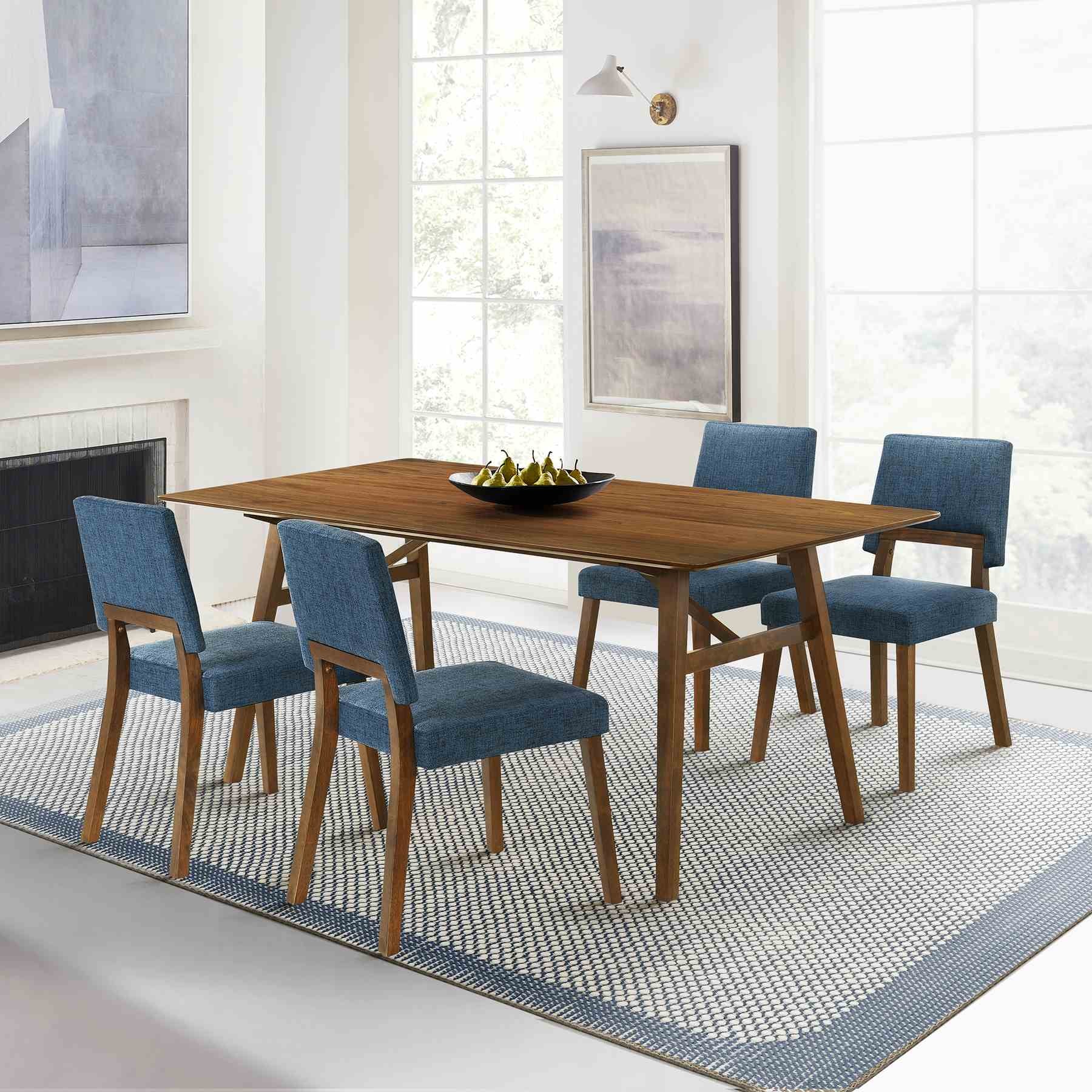 Channell 5 Piece Walnut Wood Dining Table Set with Blue Fabric - Image 11