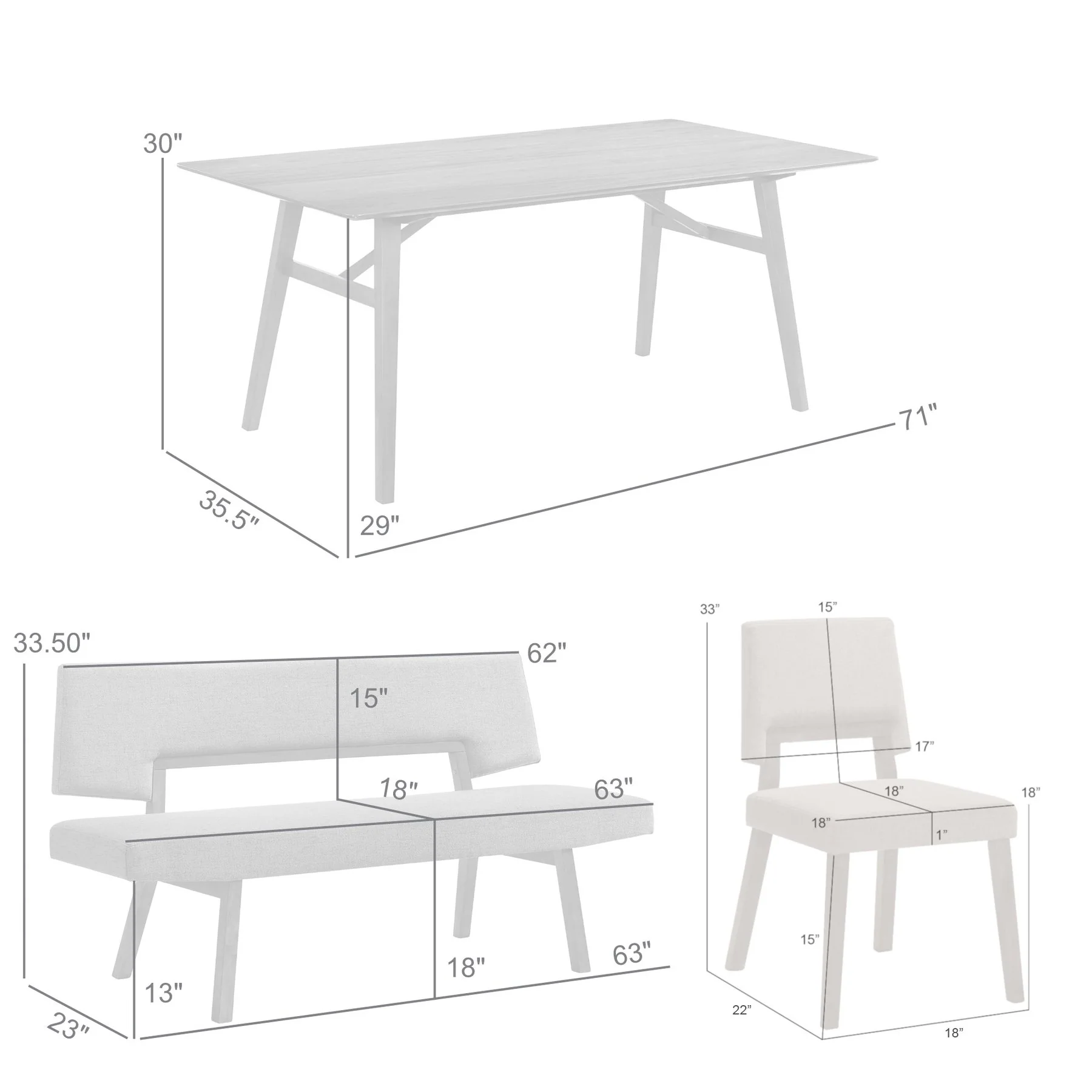 Channell 6 Piece Walnut Wood Dining Table Set with Bench in Blue Fabric - Image 10