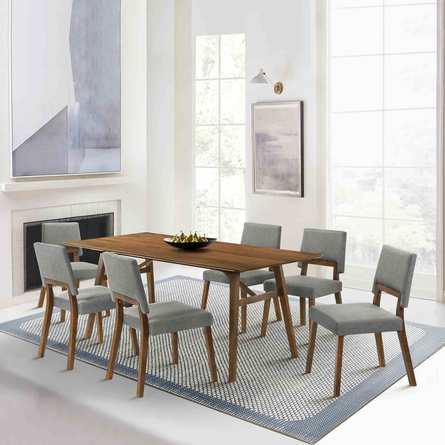 Channell 7 Piece Walnut Wood Dining Table Set with Charcoal Fabric - Image 11