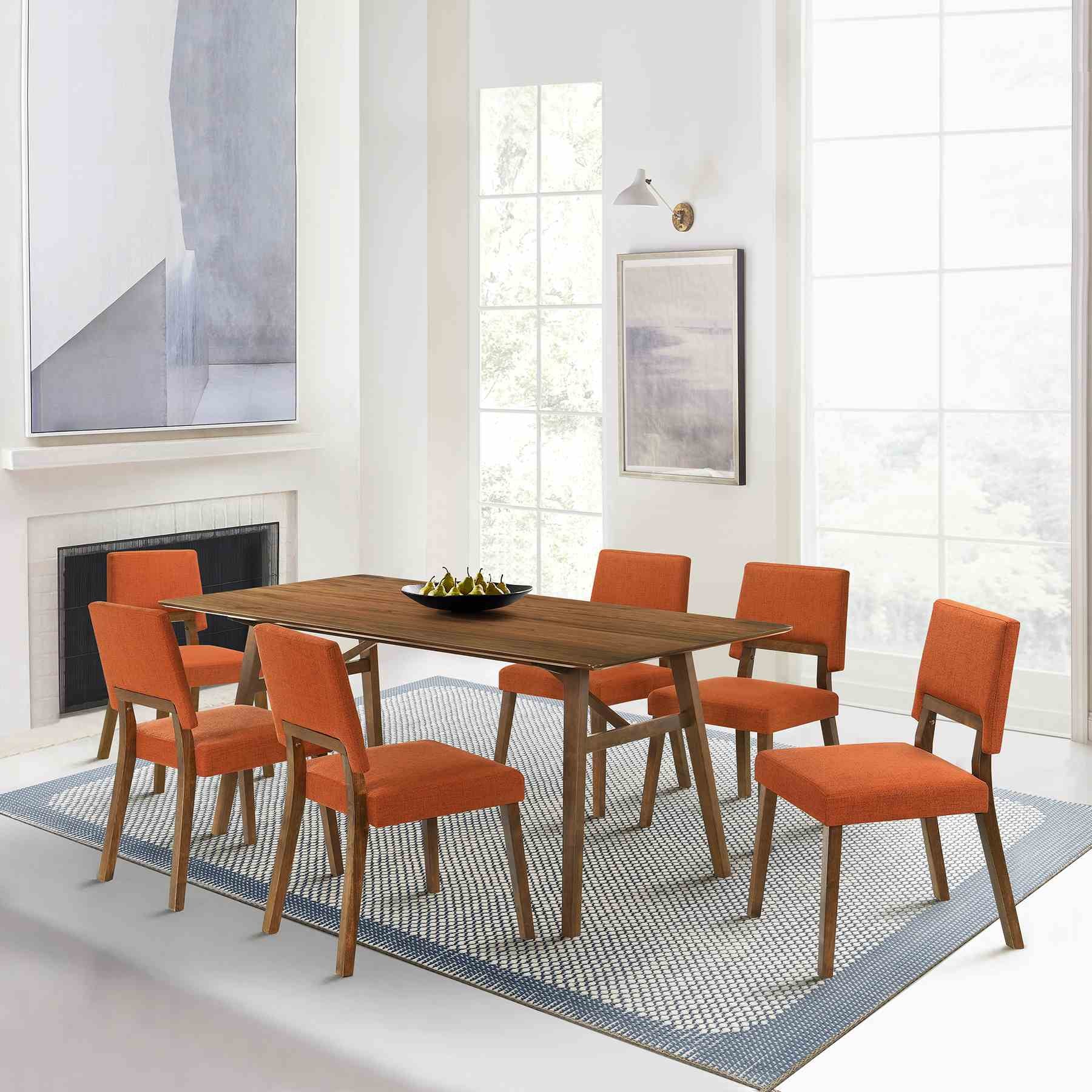 Channell 7 Piece Walnut Wood Dining Table Set with Orange Fabric - Image 11