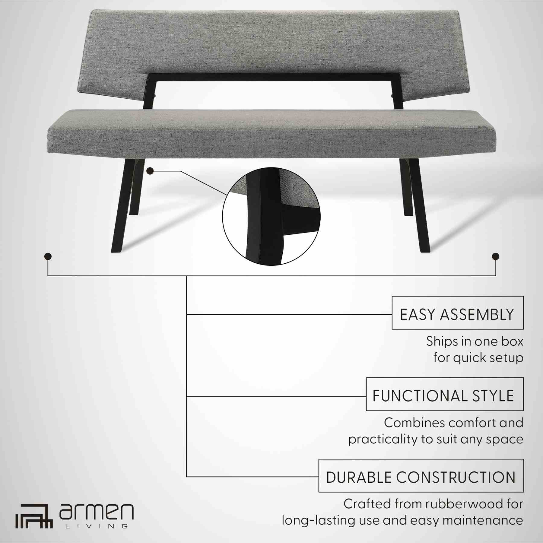 Channell Wood Dining Bench in Black Finish with Charcoal Fabric - Image 10