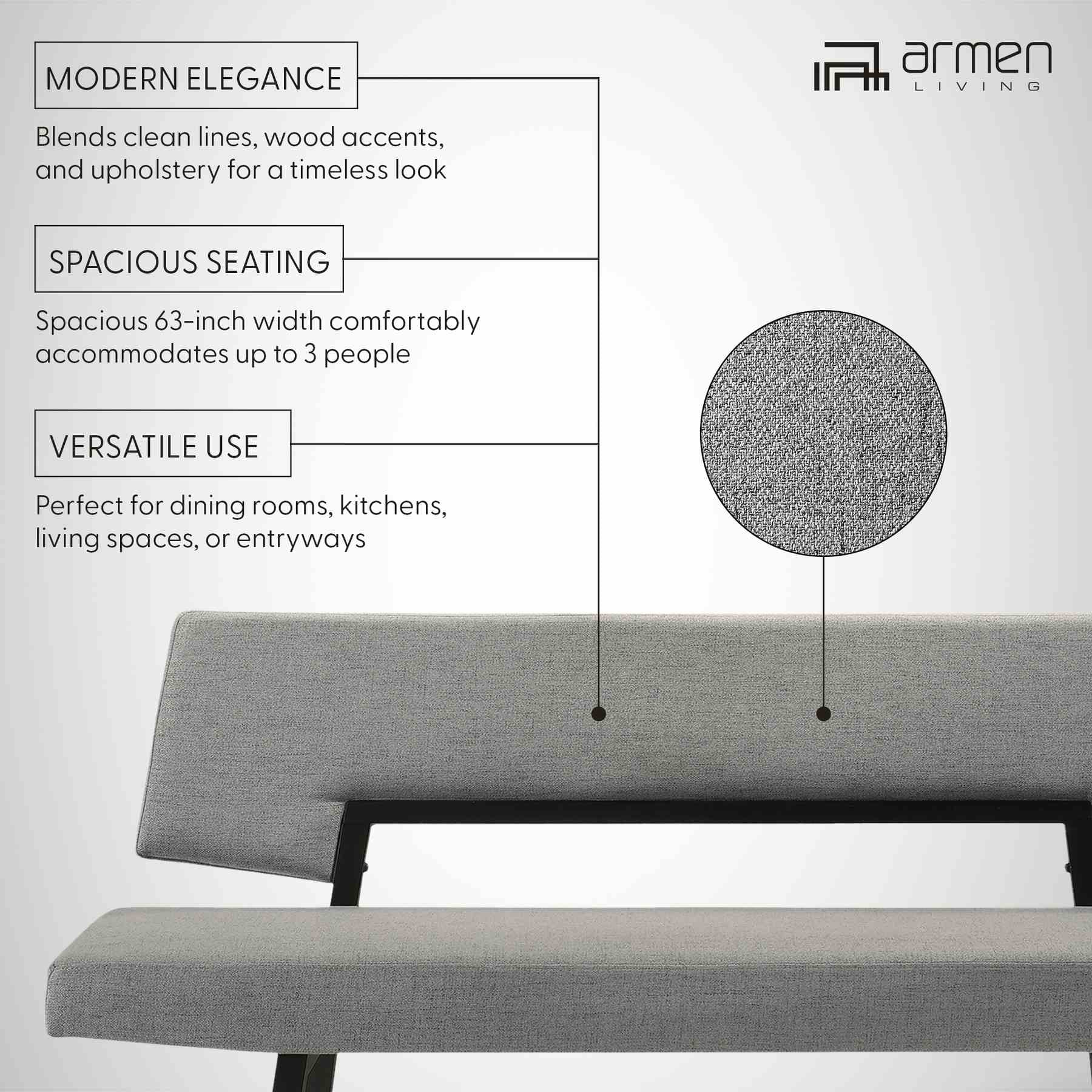 Channell Wood Dining Bench in Black Finish with Charcoal Fabric - Image 9
